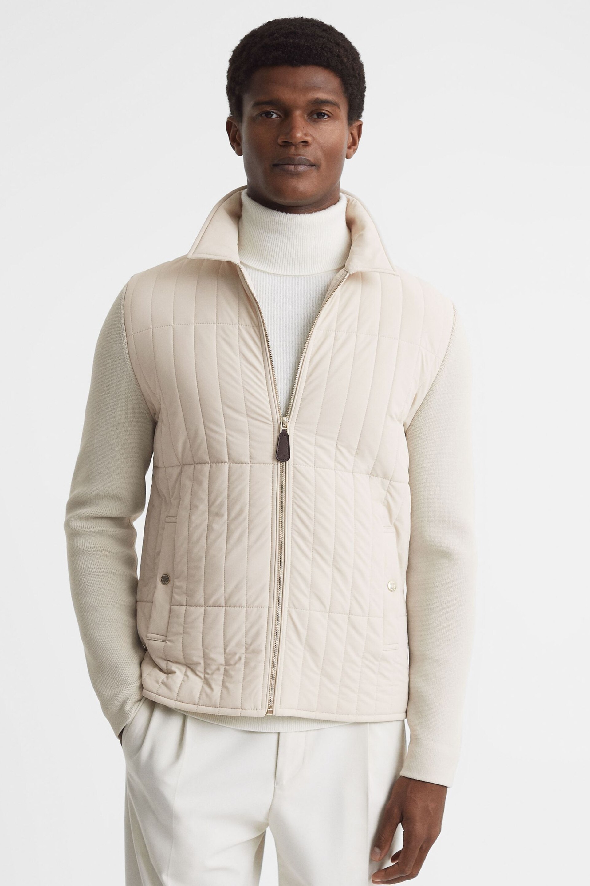 Reiss Stone Tosca Hybrid Knit and Quilt Jacket - Image 1 of 6