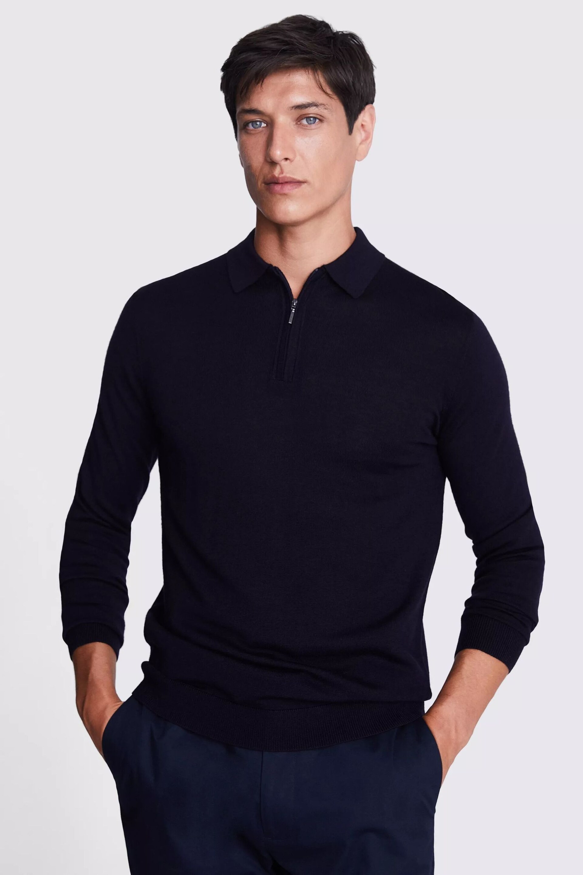 MOSS Blue Merino Blend Zip Polo Shirt - Image 1 of 5