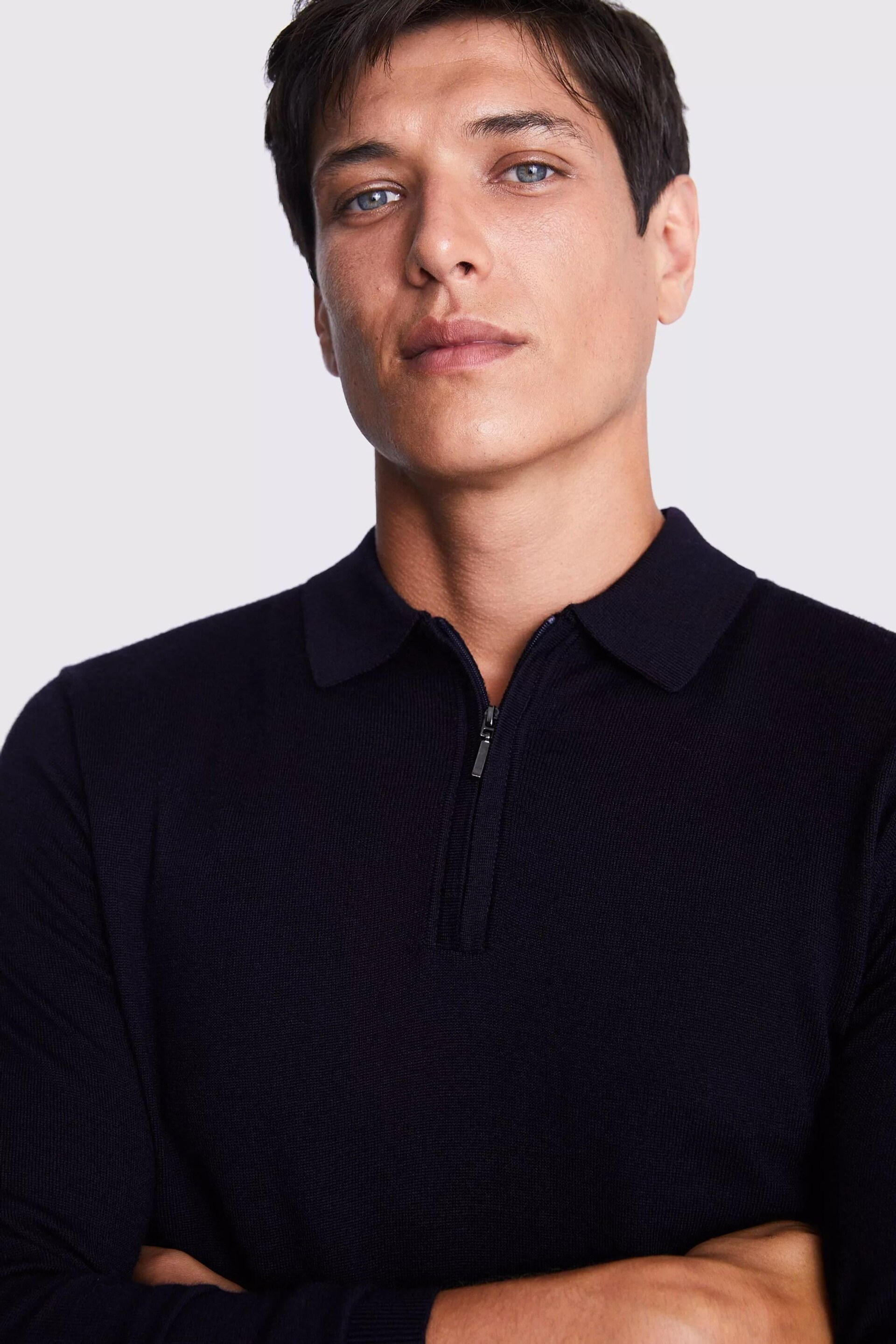 MOSS Blue Merino Blend Zip Polo Shirt - Image 3 of 5