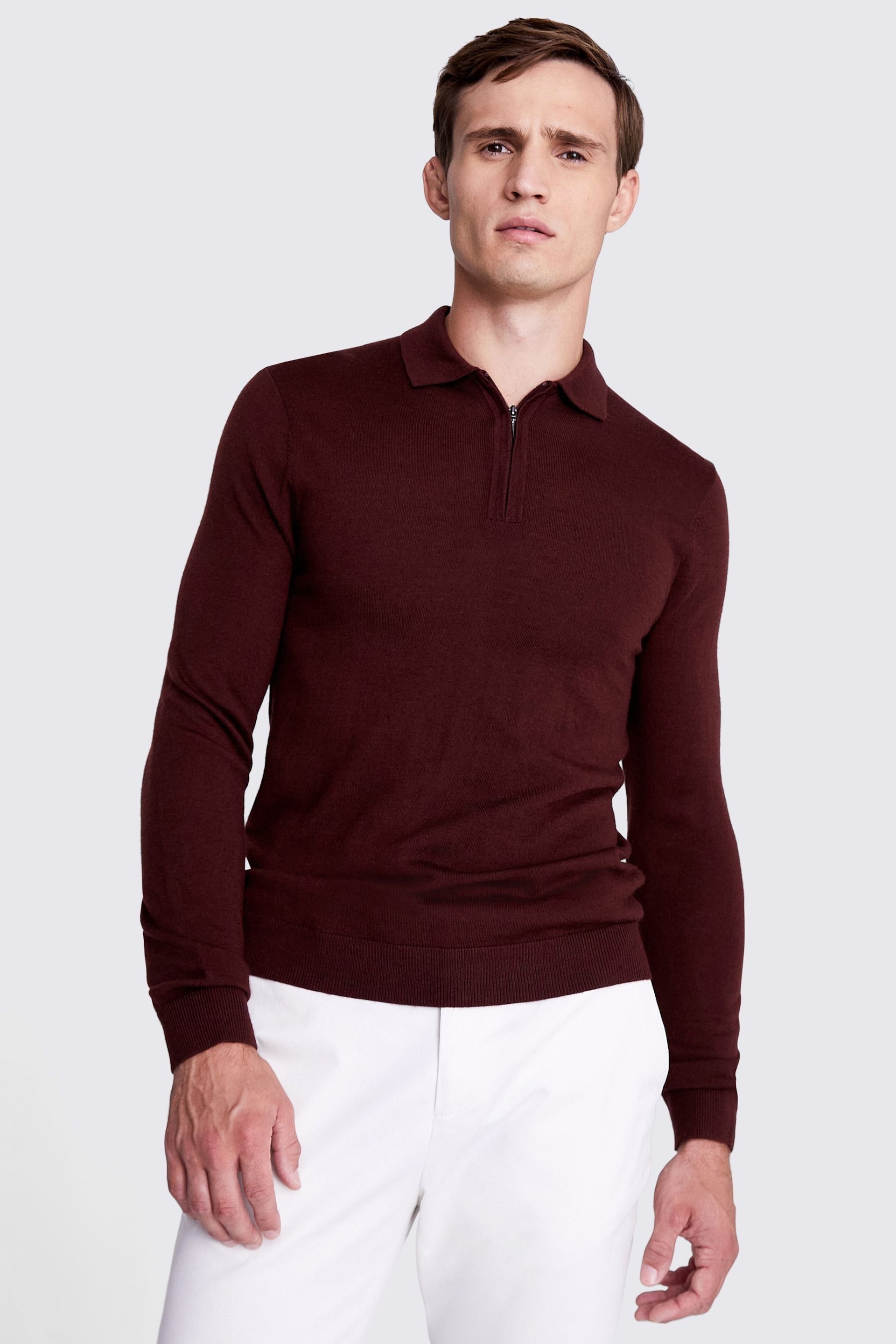 MOSS Red Merino Blend Zip Polo Shirt - Image 1 of 5