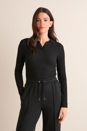 Black Long Sleeve Textured Collared Polo Shirt - Image 1 of 5
