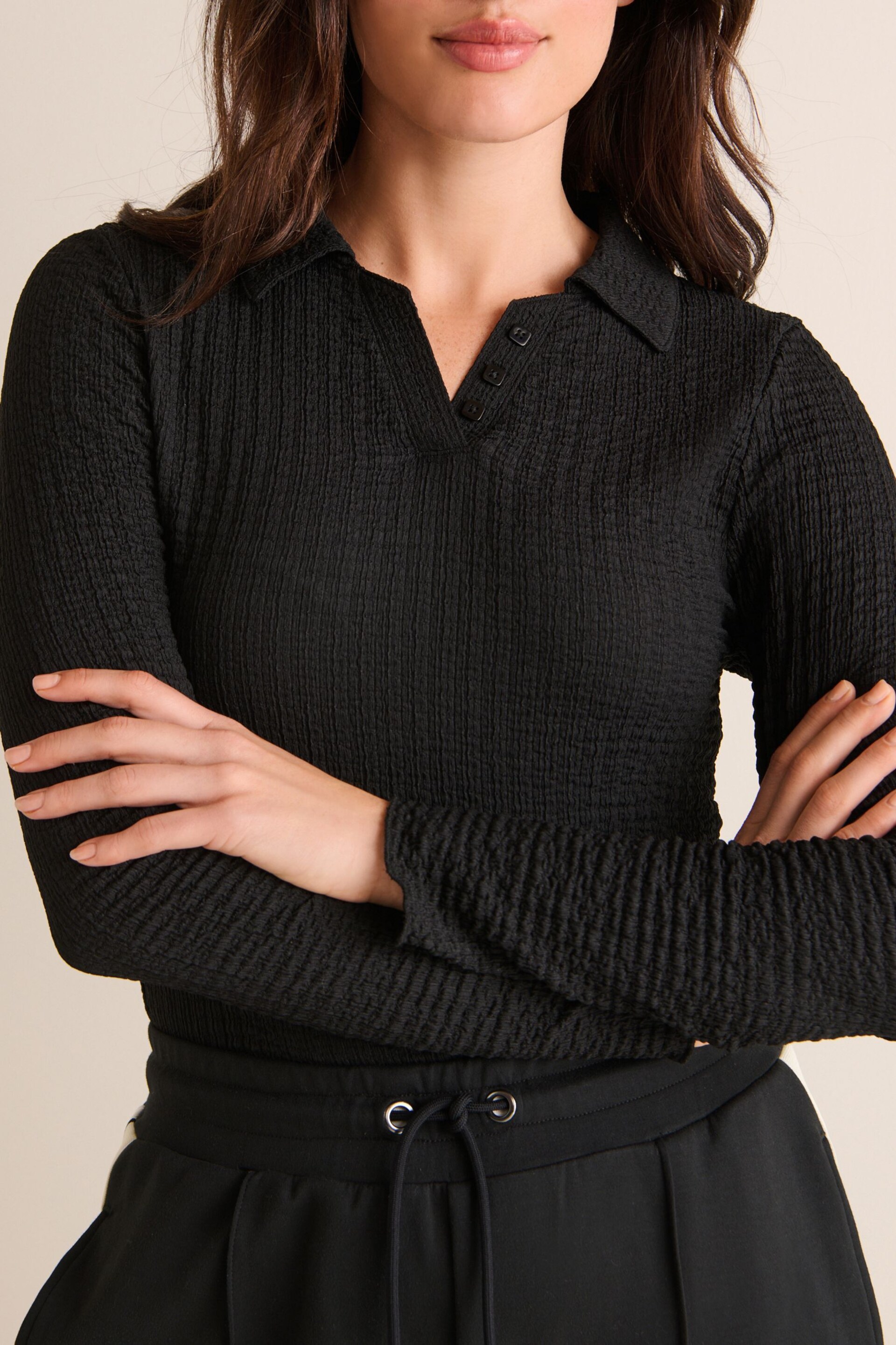 Black Long Sleeve Textured Collared Polo Shirt - Image 4 of 5