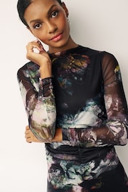 Blurred Floral Long Sleeve Ruched Mesh Midi Dress - Image 4 of 6