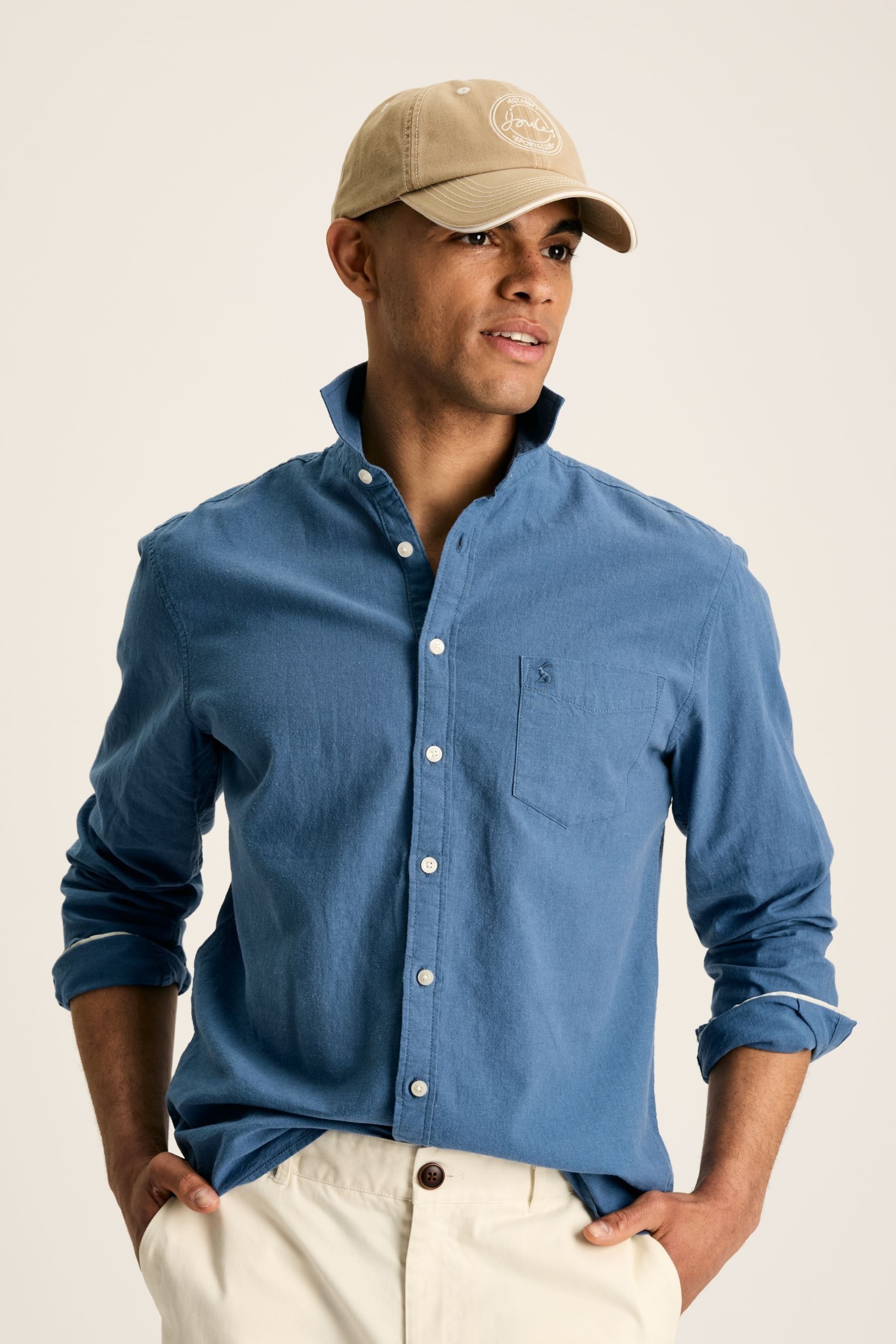 Joules Linen Blend Blue Plain Long Sleeve Shirt - Image 1 of 7