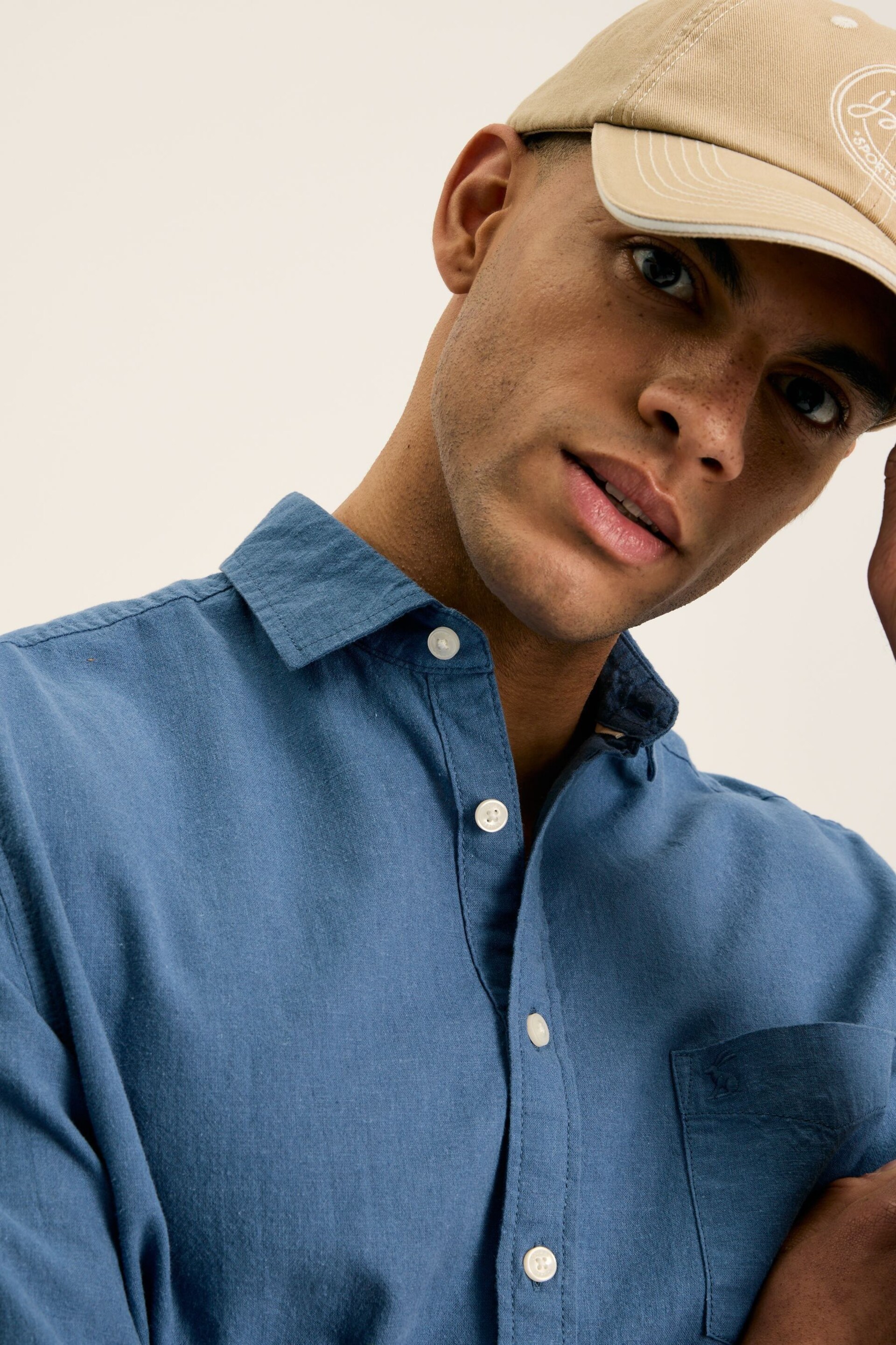 Joules Linen Blend Blue Plain Long Sleeve Shirt - Image 3 of 7