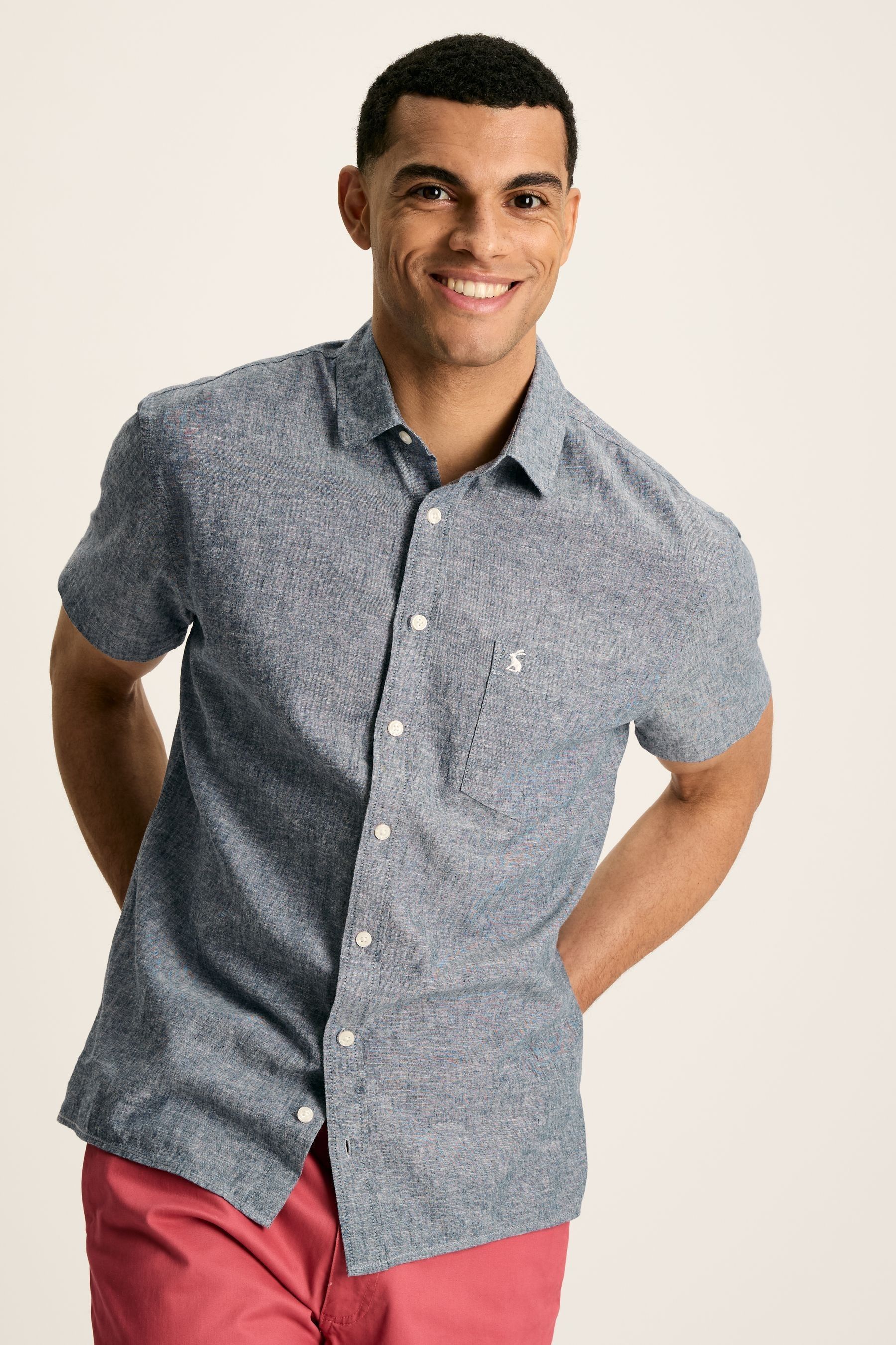 Joules Linen Blend Blue Plain Short Sleeve Shirt