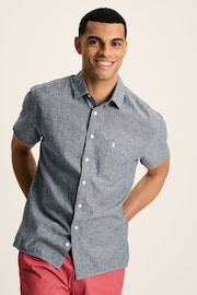 Joules Linen Blend Blue Plain Short Sleeve Shirt - Image 1 of 7