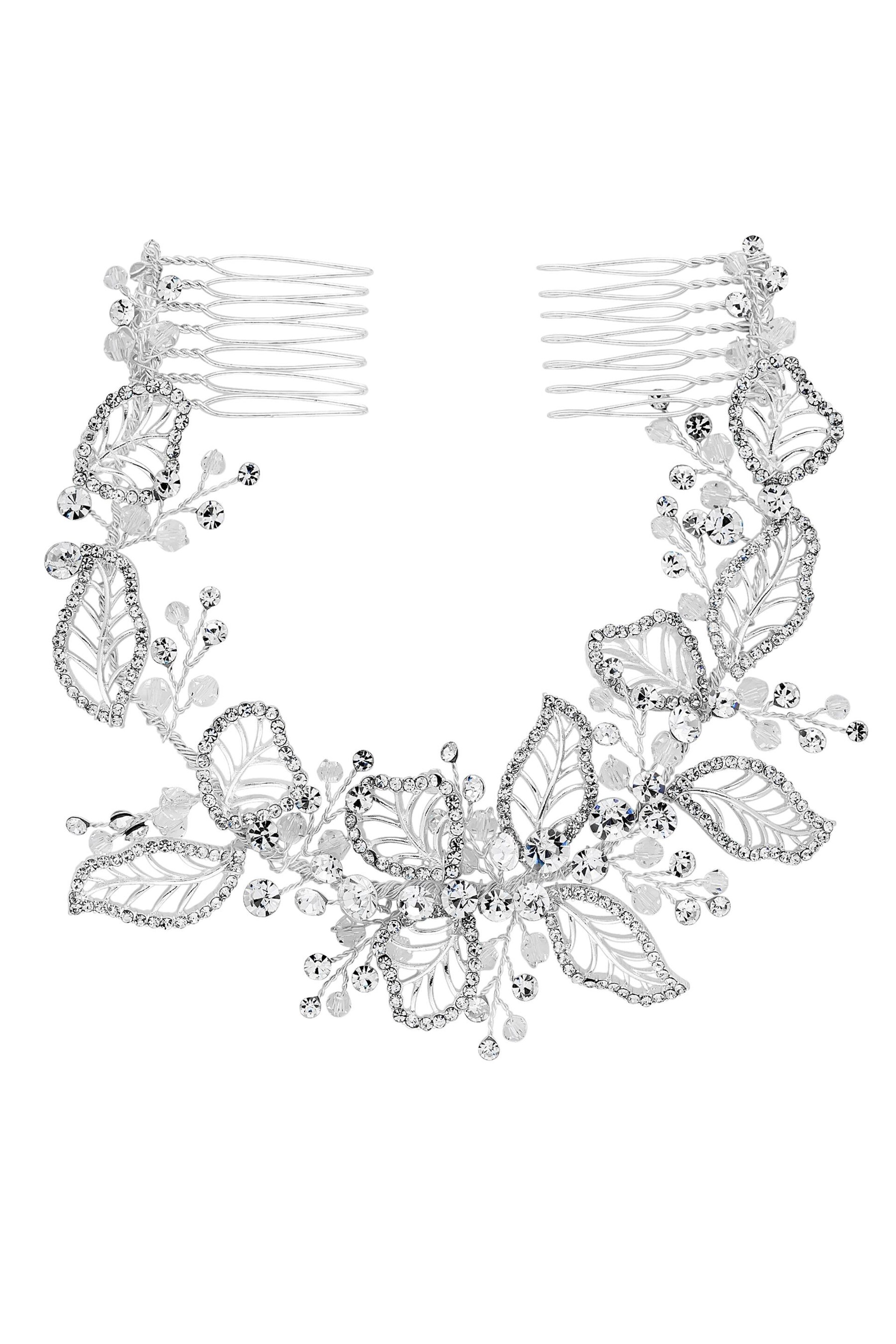 Jon Richard Silver Plated Clear Crystal Olivia Pave Leaf Gift Pouch Double Hair Comb - Image 2 of 6