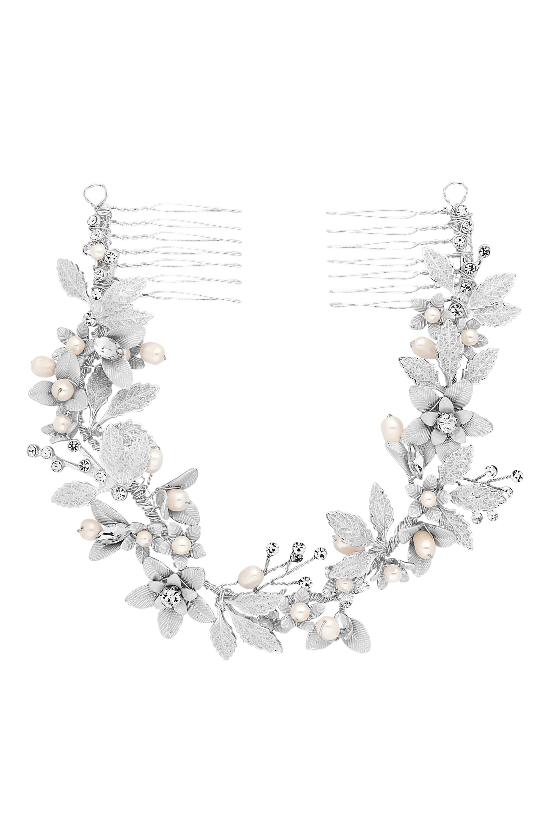 Jon Richard Silver Tone Plated Clara Brushed Leaves Fresh Water Pearl And Crystal Double Comb - Image 1 of 6