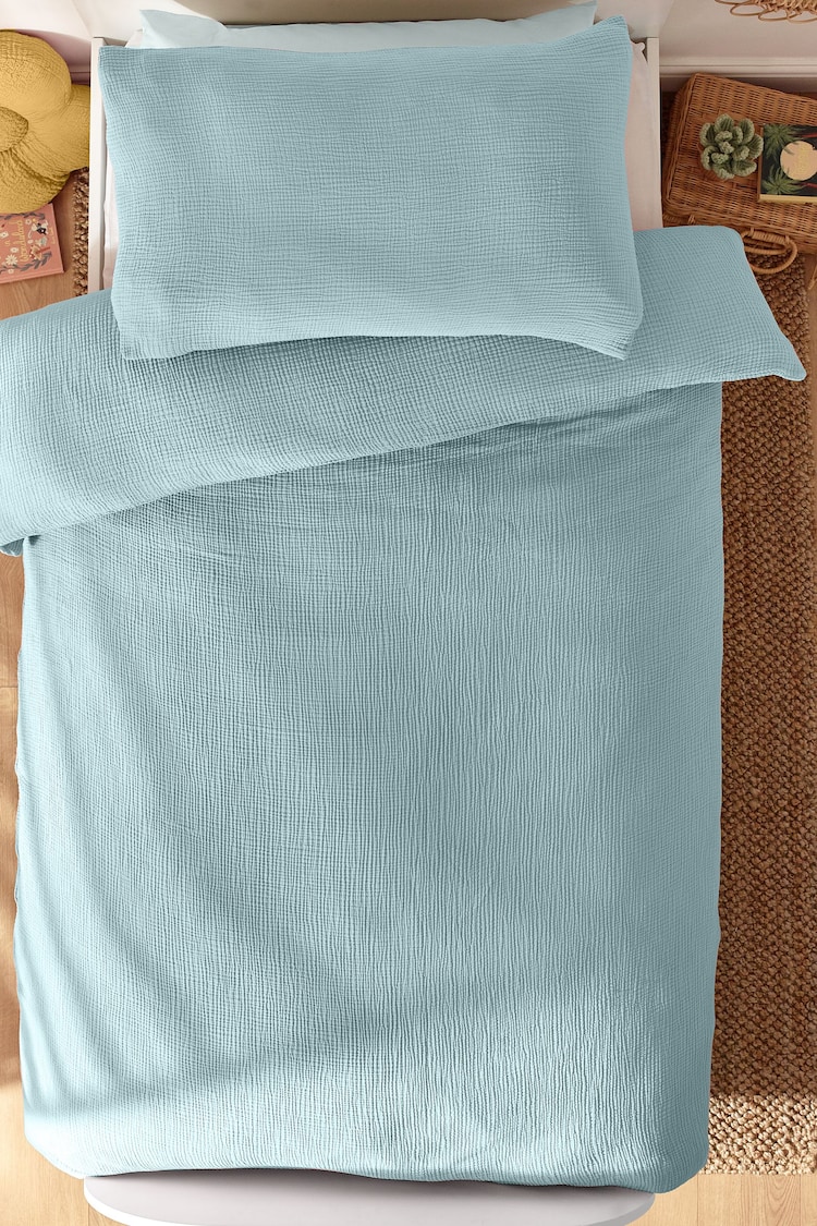 Modern Blue Crinkle Muslin 100% Cotton Duvet Cover and Pillowcase Set - Image 2 of 4