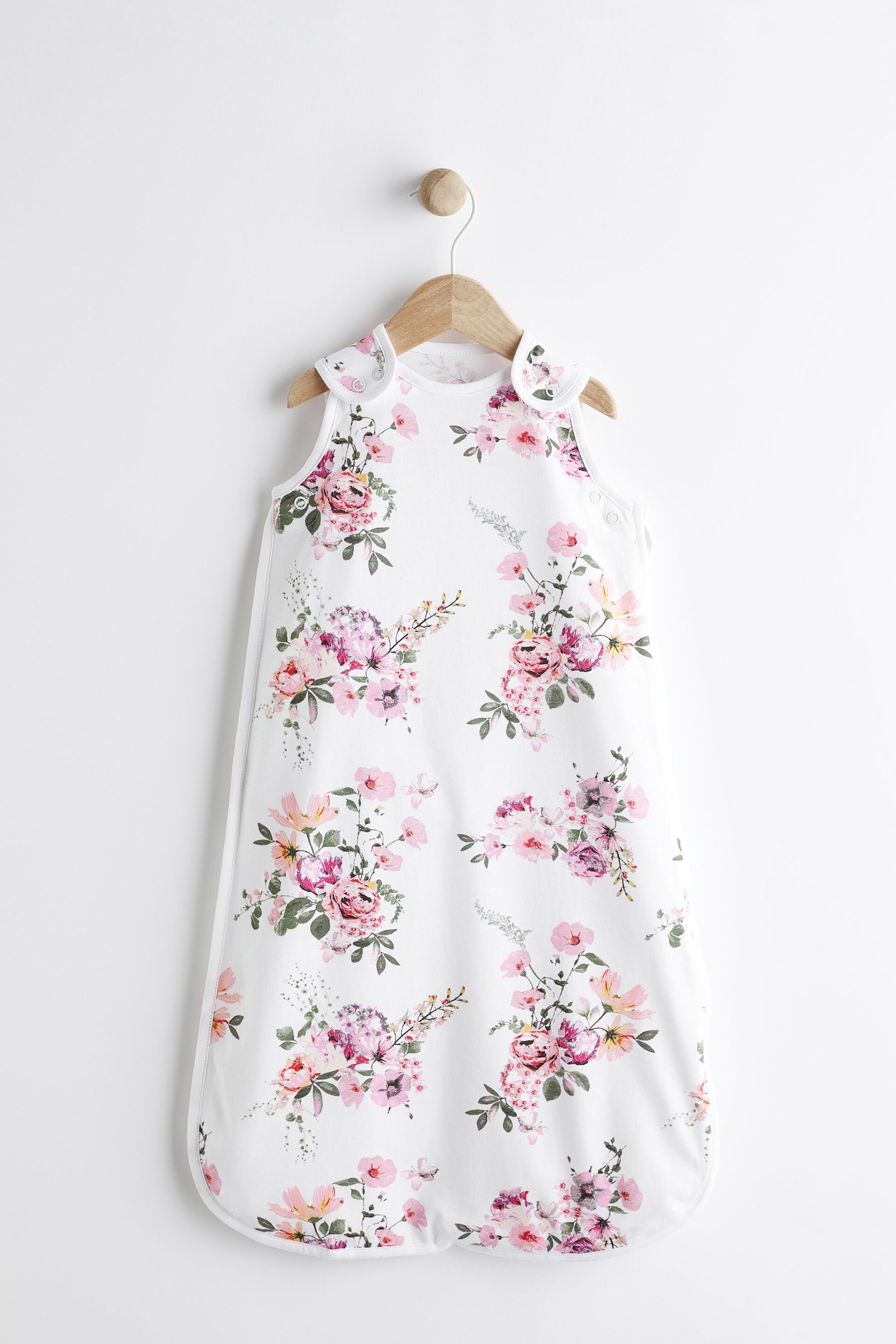White Pink Floral 0.5 Tog Baby 100% Cotton Sleep Bag - Image 1 of 8