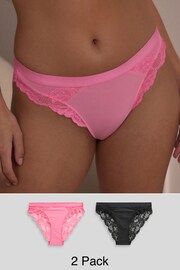 Bright Pink/Black High Leg Lace Trim Knickers 2 Pack - Image 1 of 8