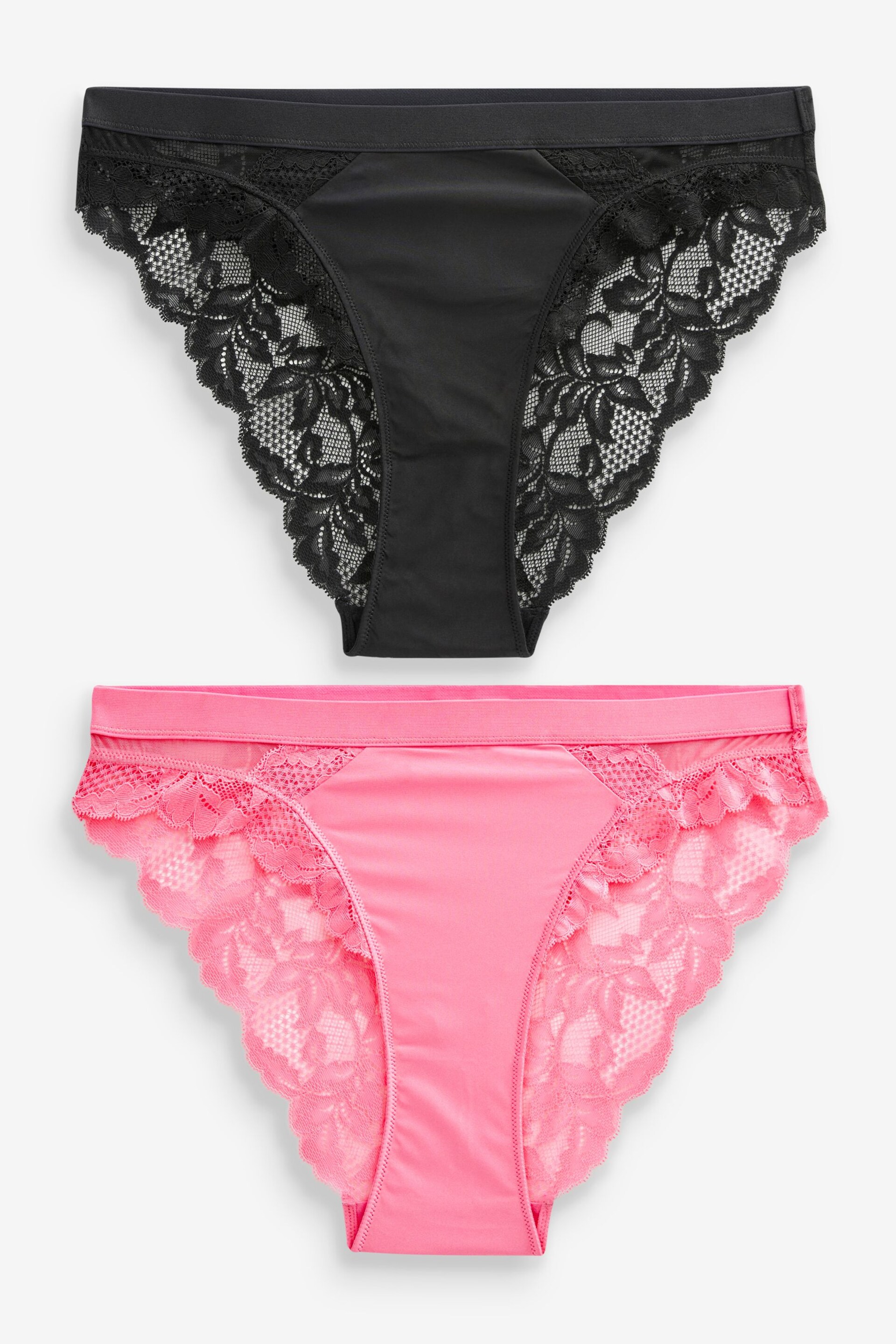 Bright Pink/Black High Leg Lace Trim Knickers 2 Pack - Image 6 of 8