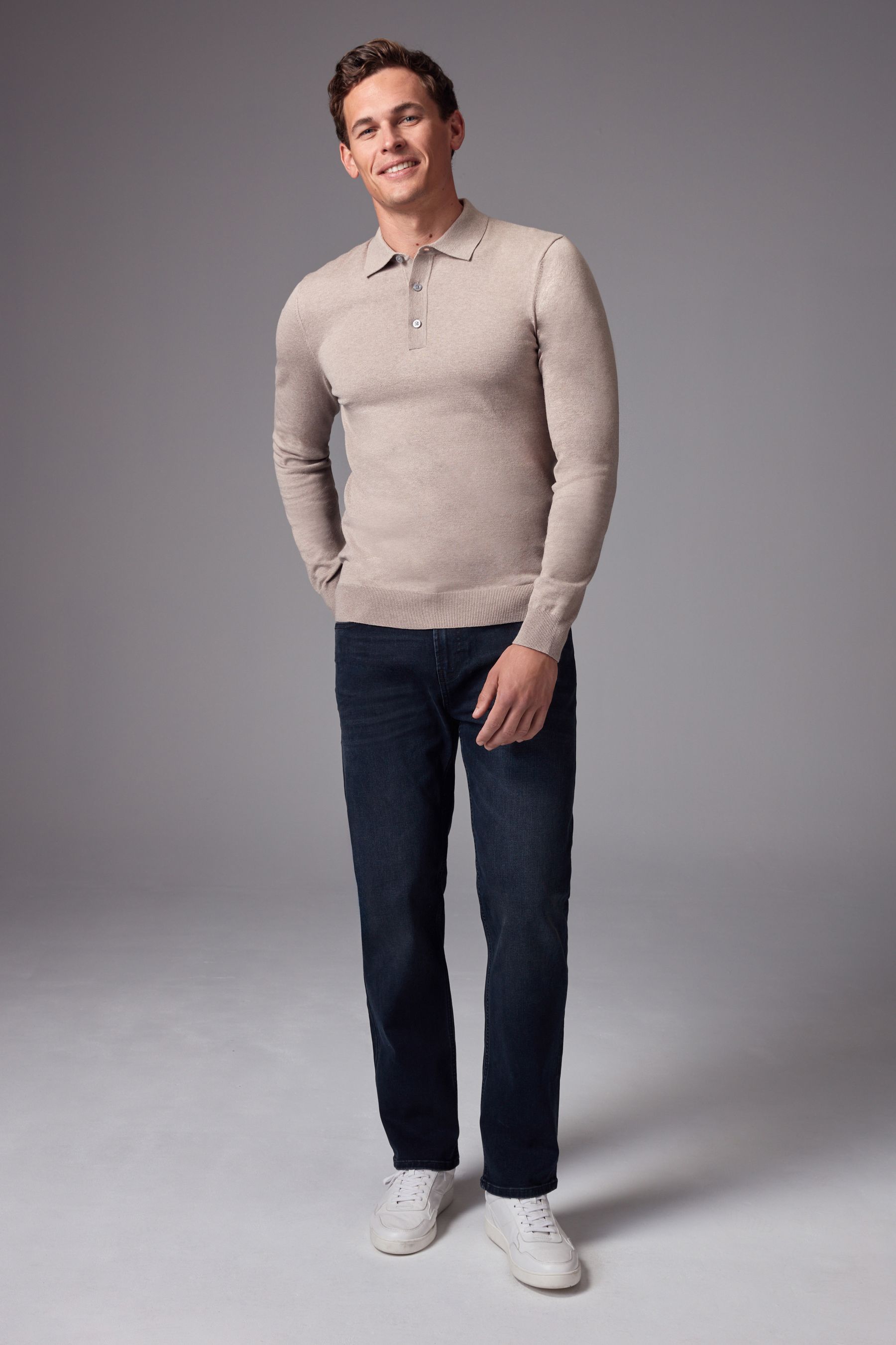 Buy Neutral Slim Fit Knitted Long Sleeve Polo Shirt from Next Pakistan