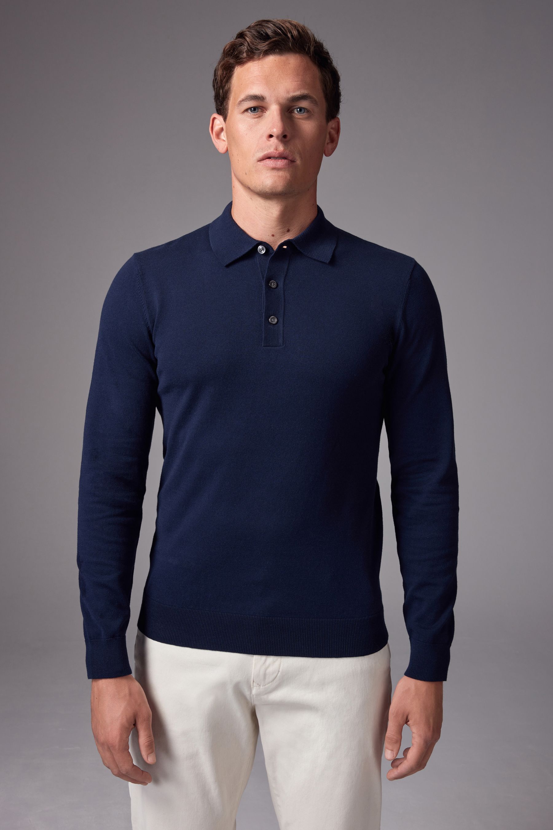 Buy Navy Blue Slim Fit Knitted Long Sleeve Polo Shirt from Next Luxembourg