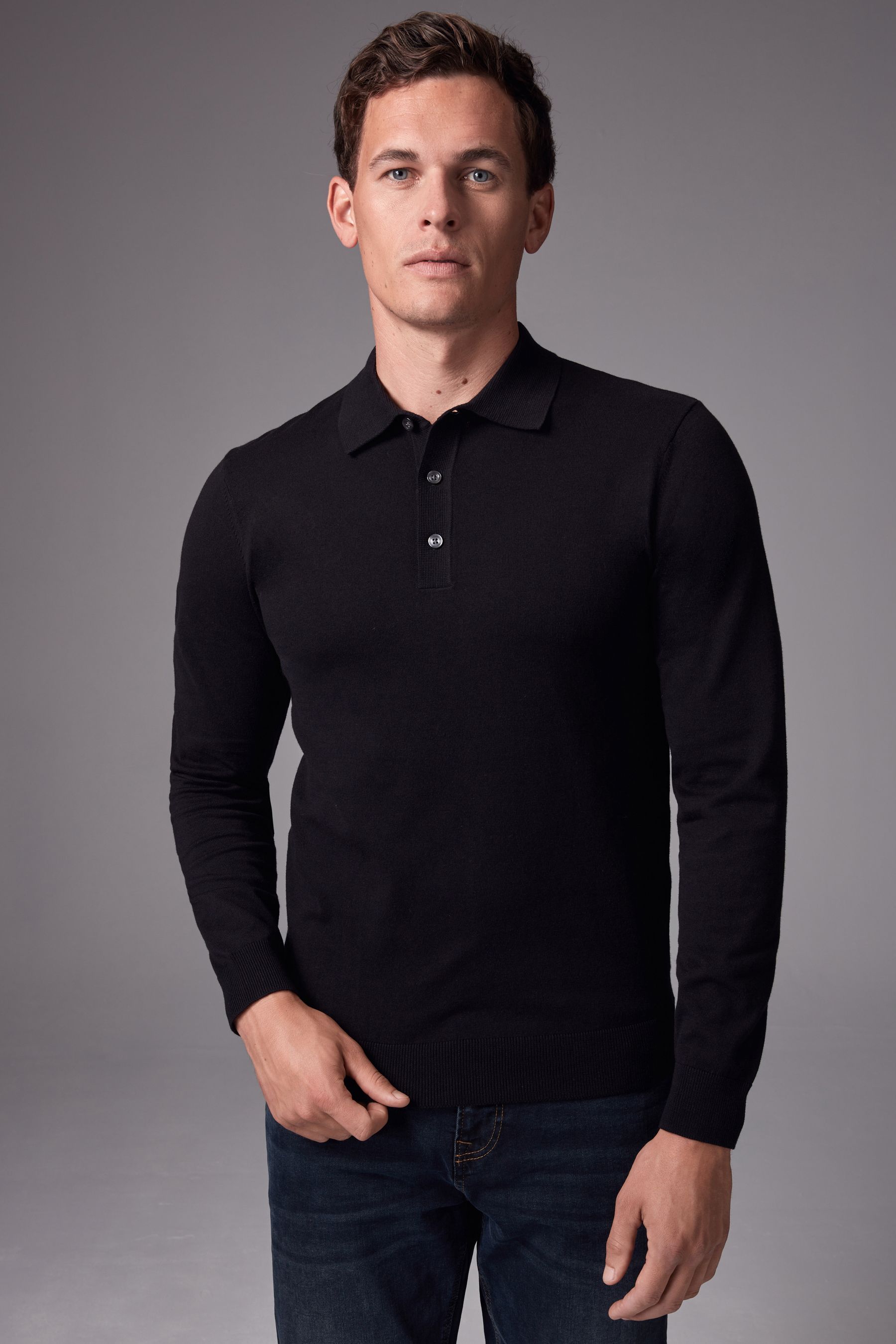 Acheter Noir Slim Fit Slim Fit Polo en maille a manches longues from Next Luxembourg