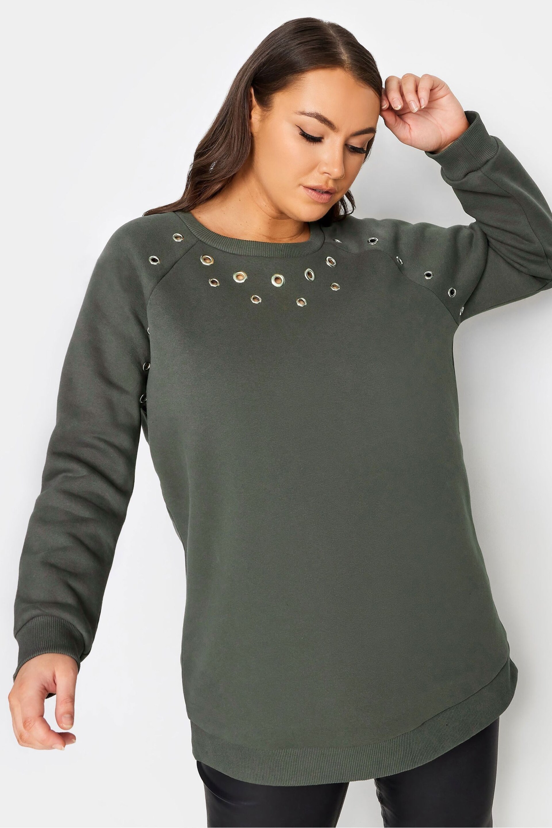 Yours Curve Green Eyelet Detailed Sweatshirt - Image 1 of 4