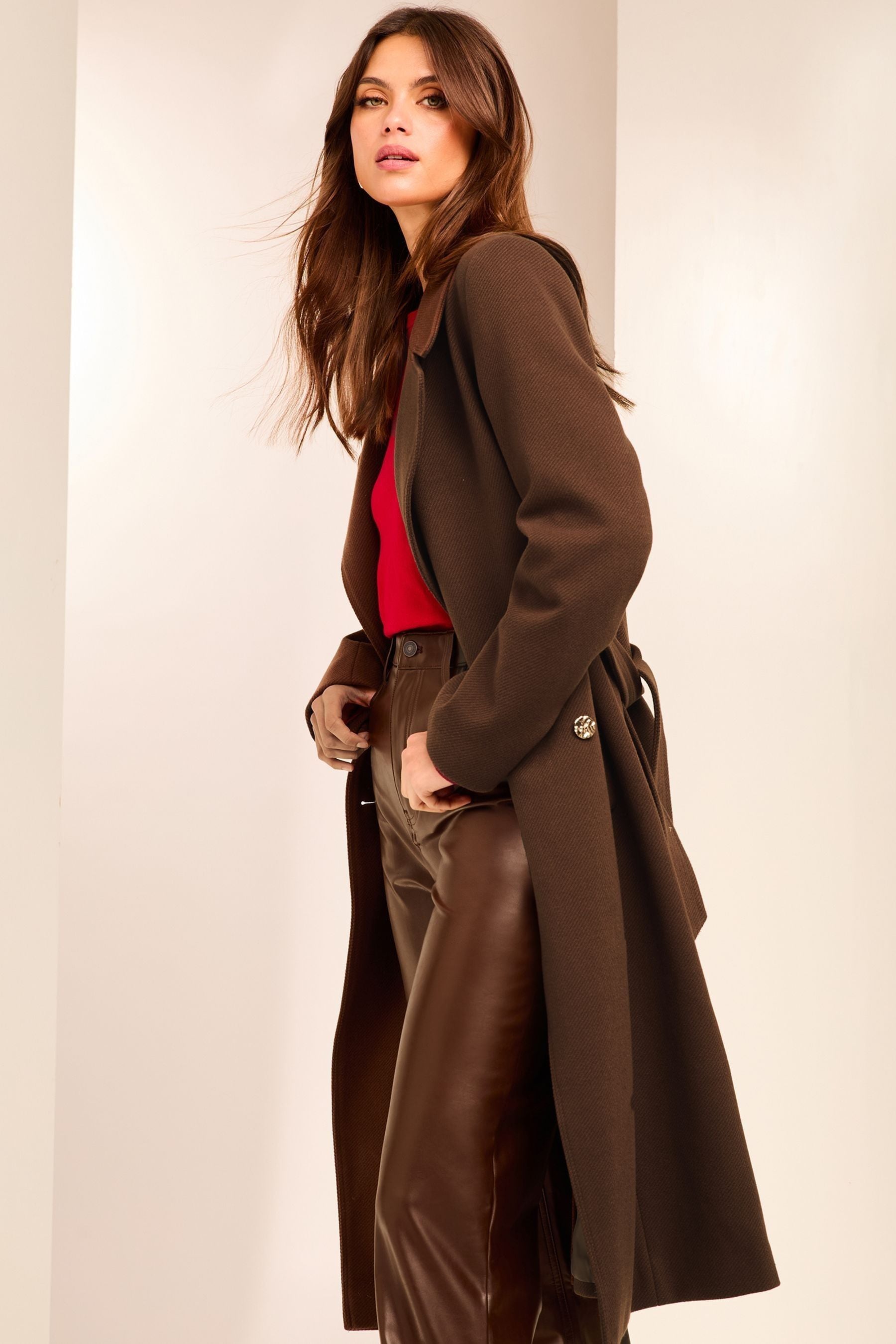 Lipsy Brown Double Breasted Long Line Belted Coat