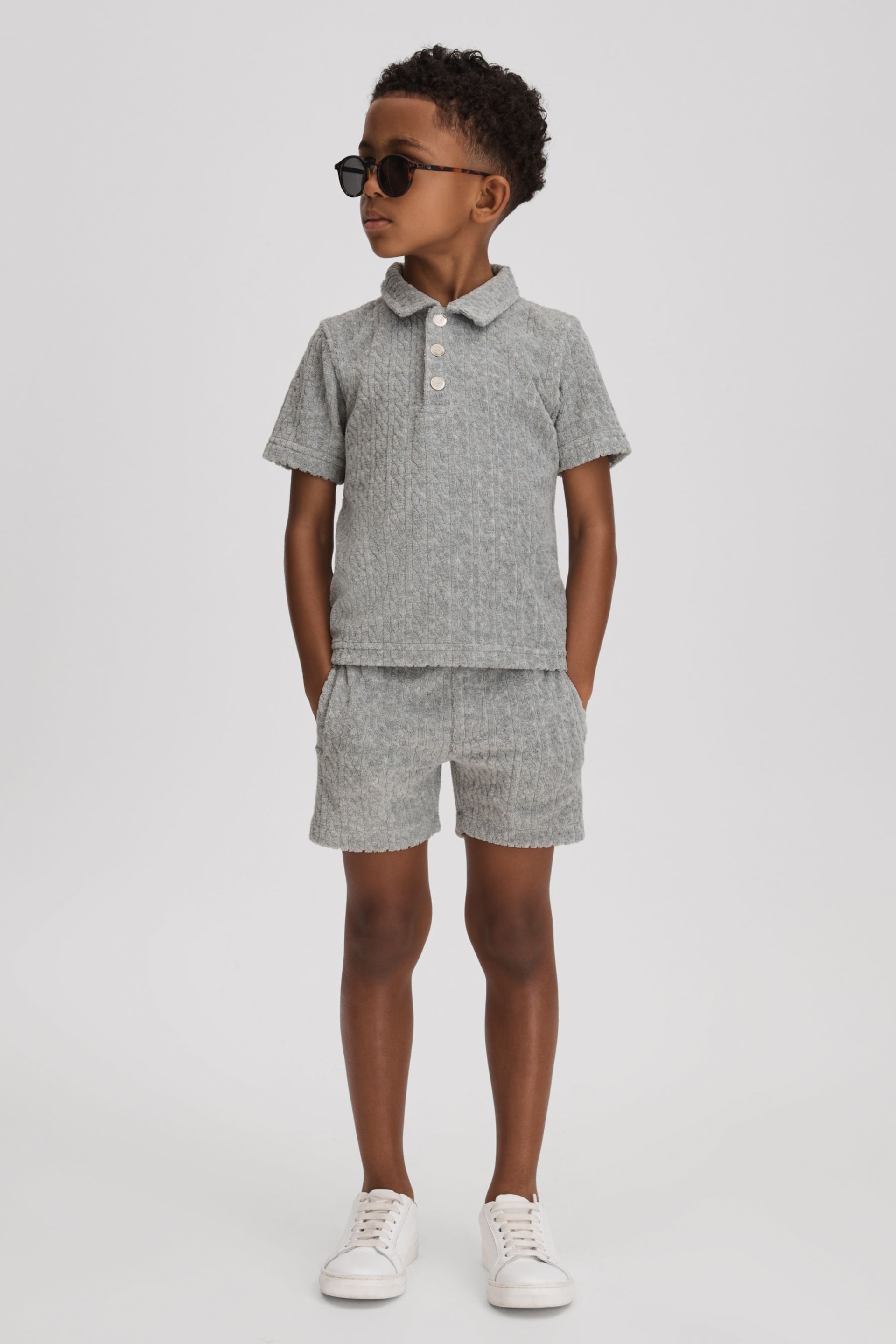 Reiss Soft Grey Fletcher Junior Towelling Drawstring Shorts - Image 1 of 4