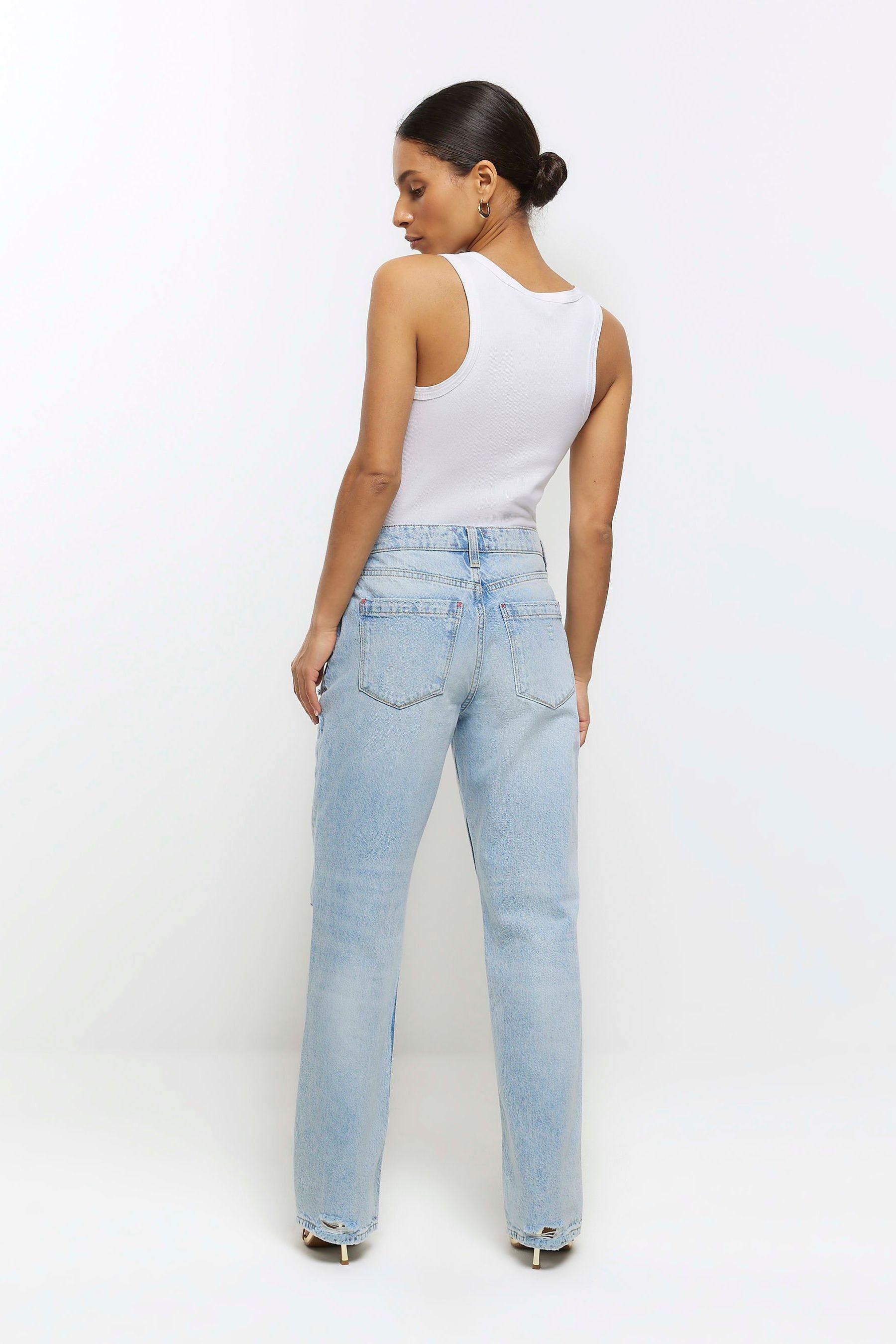 Buy River Island Blue Petite High Rise Straight Leg Non Stretch Patchwork Jeans from Next Luxembourg