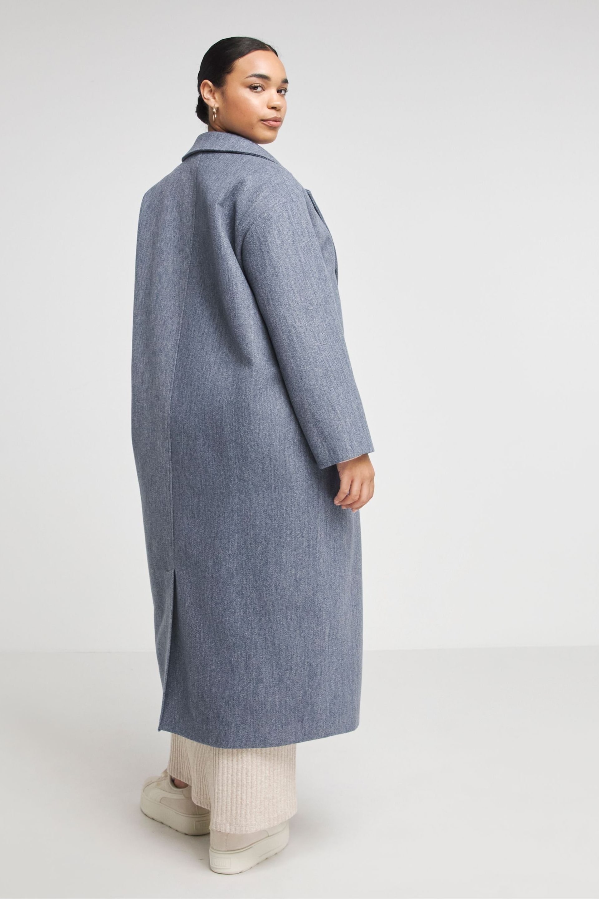 Simply Be Blue Denim Faux Fur Wool Maxi Formal Jacket - Image 2 of 4