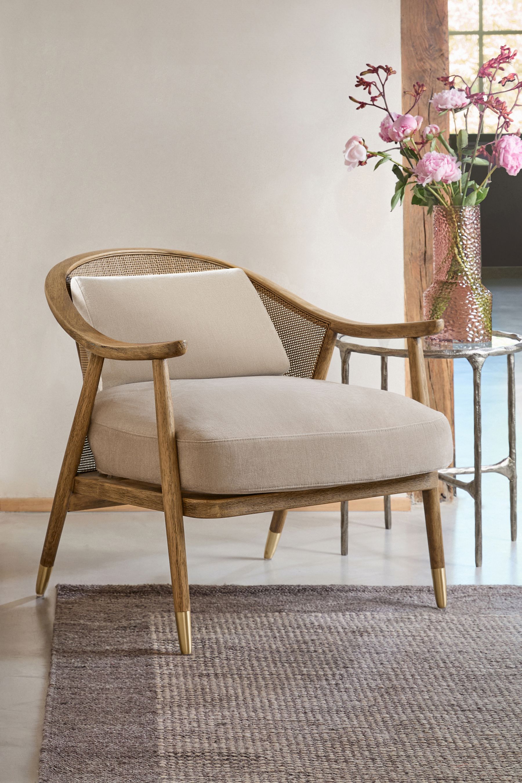 Buy Bronx Frame Relaxed Chenille Light Natural Reuben Curved Wooden Rattan Accent Chair from the Next UK online shop