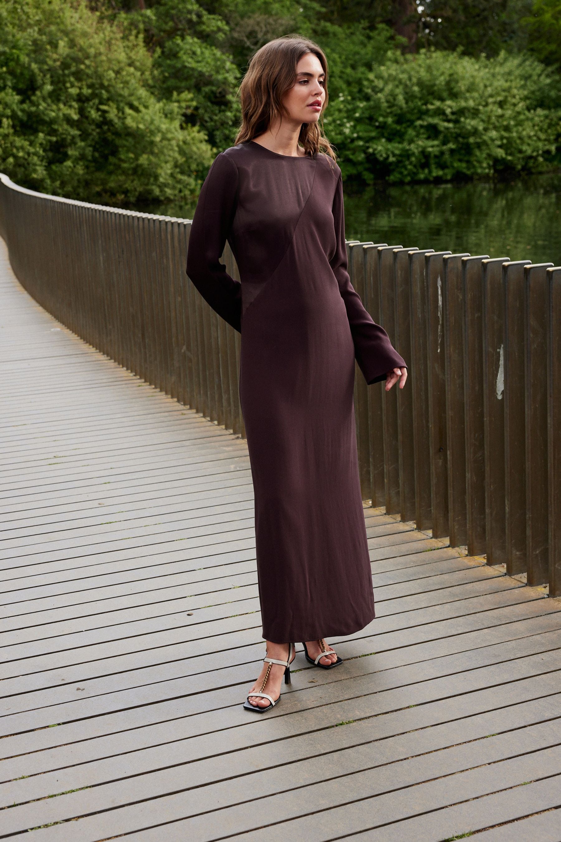 Buy Wine Long Sleeve Satin Mix Column Midi Dress from the Next UK online shop