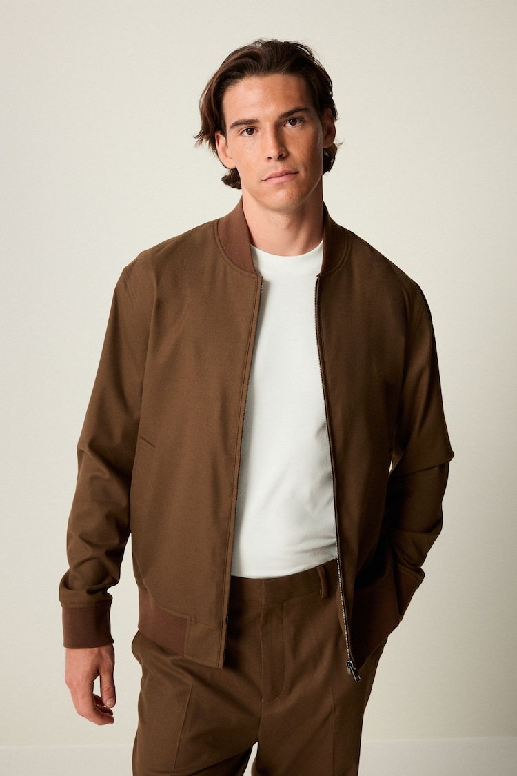 Brown Slim Fit Flannel Bomber Jacket - Image 1 of 4