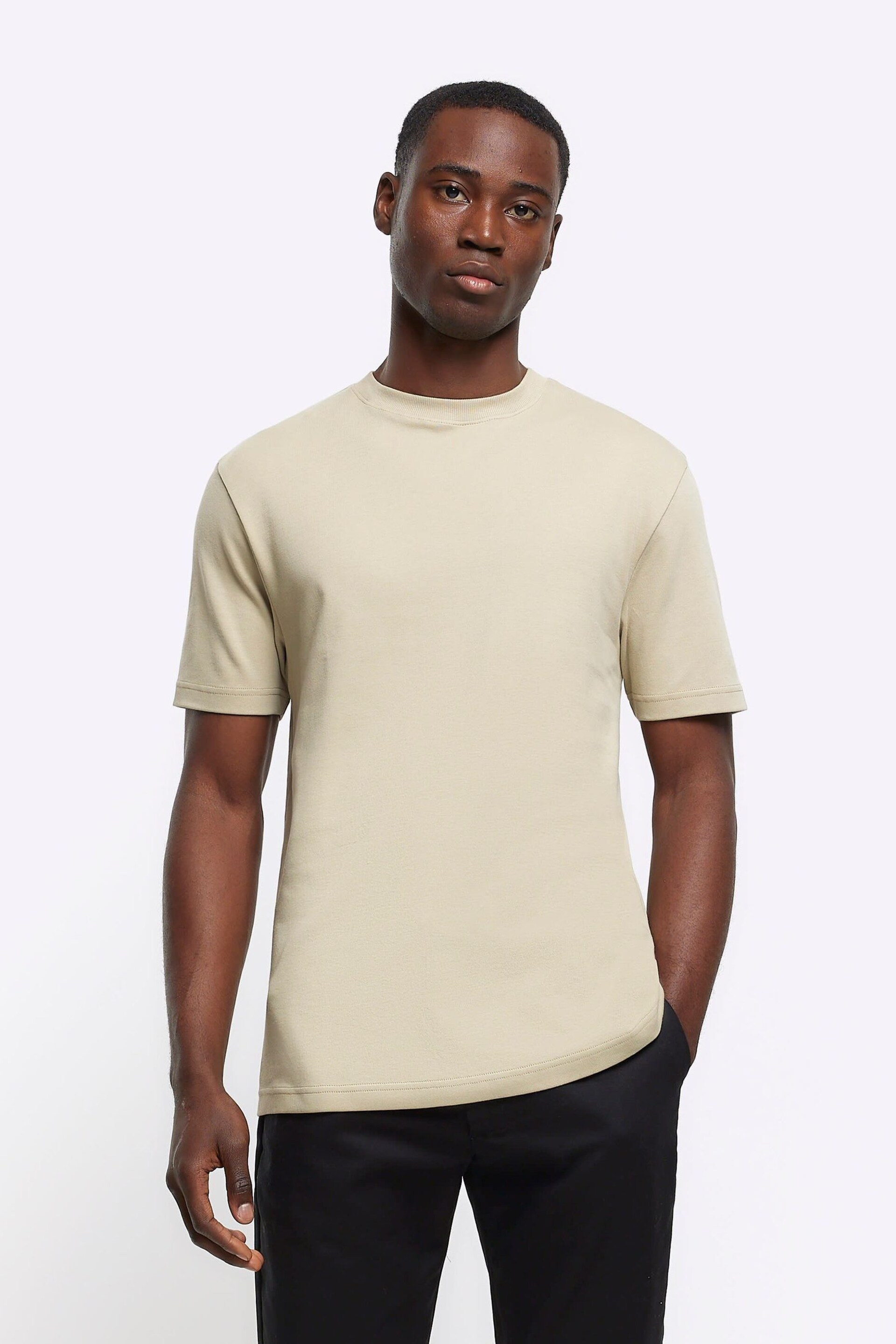 River Island Natural Studio Slim Fit T-Shirt - Image 1 of 4