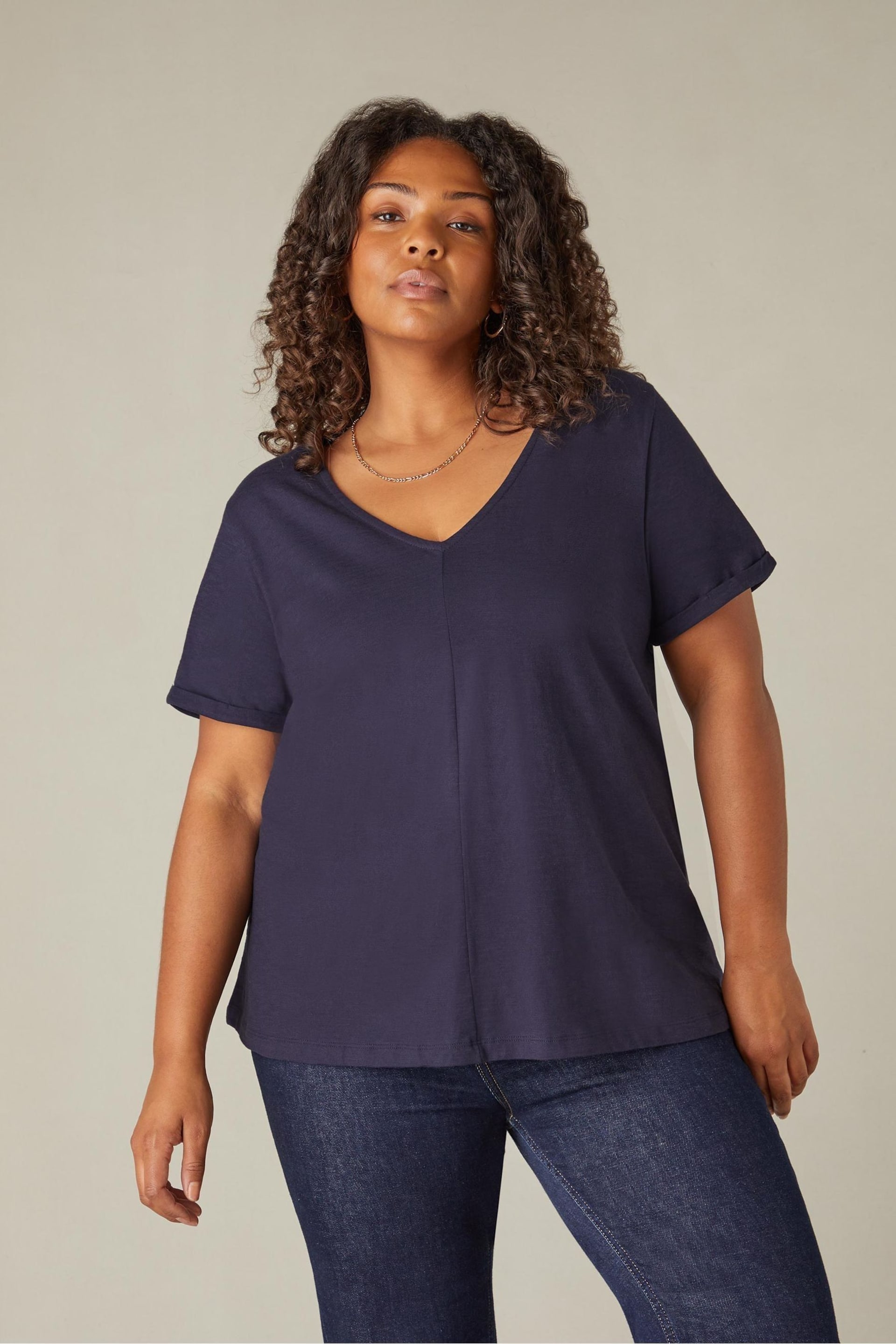 Live Unlimited Blue Curve Cotton Slub V-Neck T-Shirt - Image 1 of 5