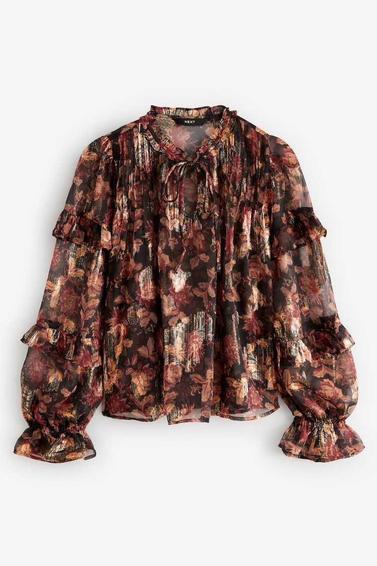 Red/Black Floral Print Metallic Ruffle Tie Neck Long Sleeve Blouse - Image 1 of 2