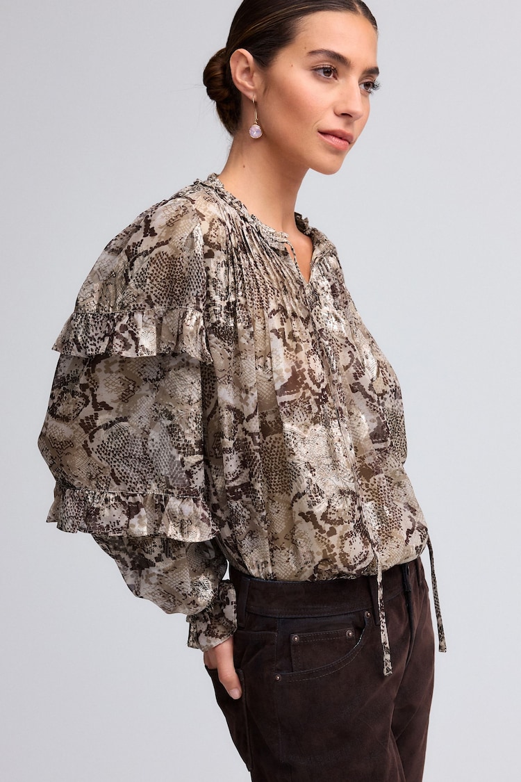 Brown Snake Print Metallic Ruffle Tie Neck Long Sleeve Blouse - Image 1 of 6