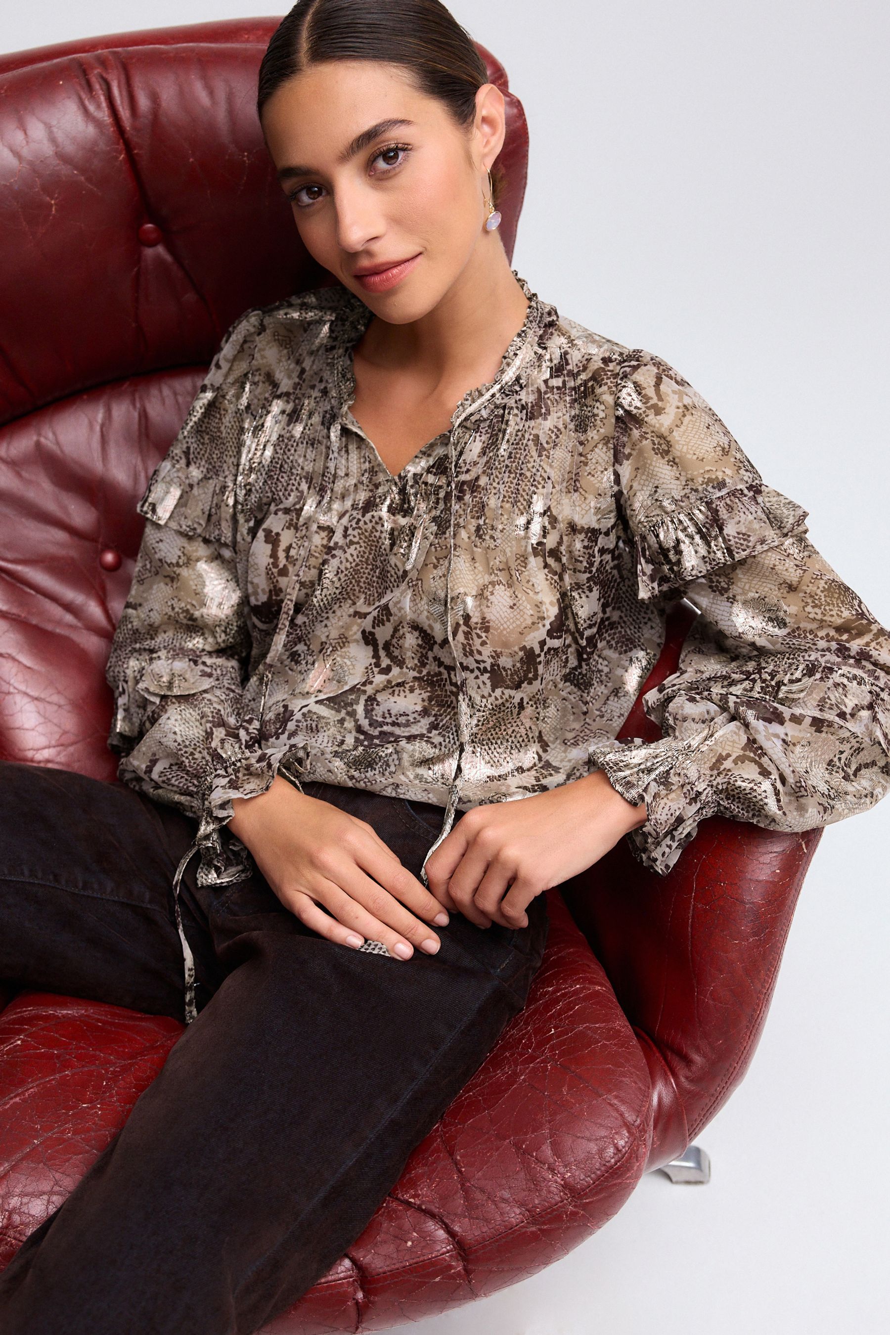 Buy Brown Snake Print Metallic Ruffle Tie Neck Long Sleeve