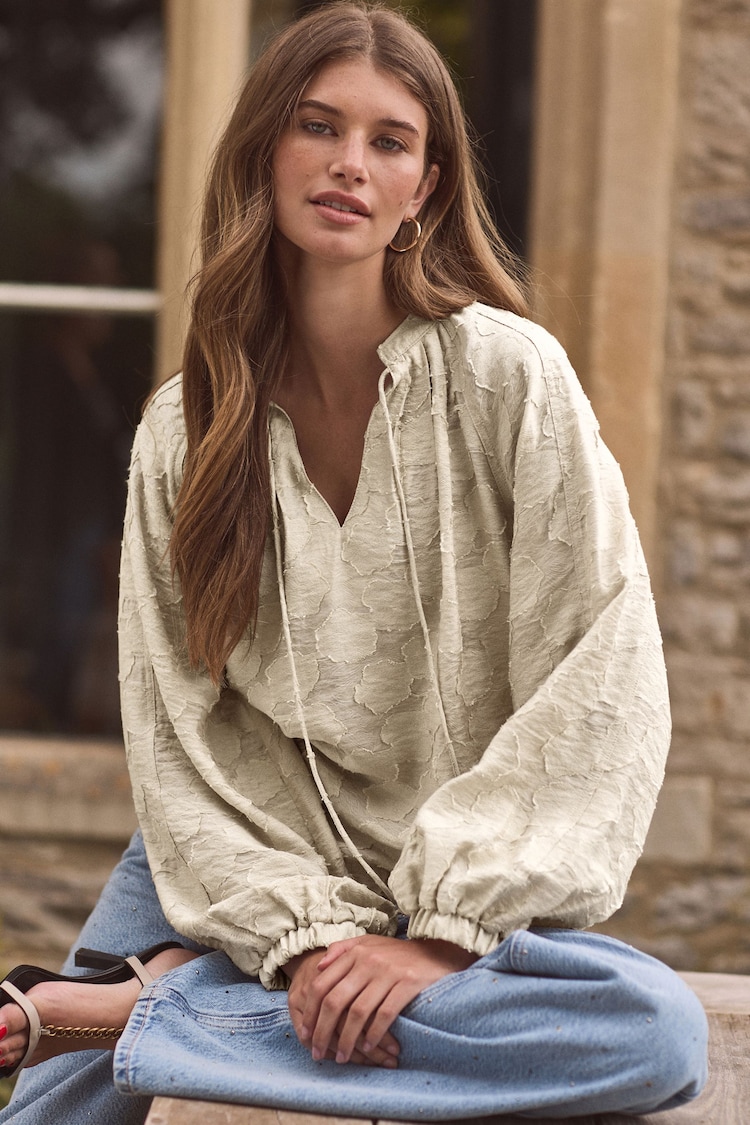 Neutral Premium Tie Neck Long Sleeve Jacquard Blouse - Image 2 of 7