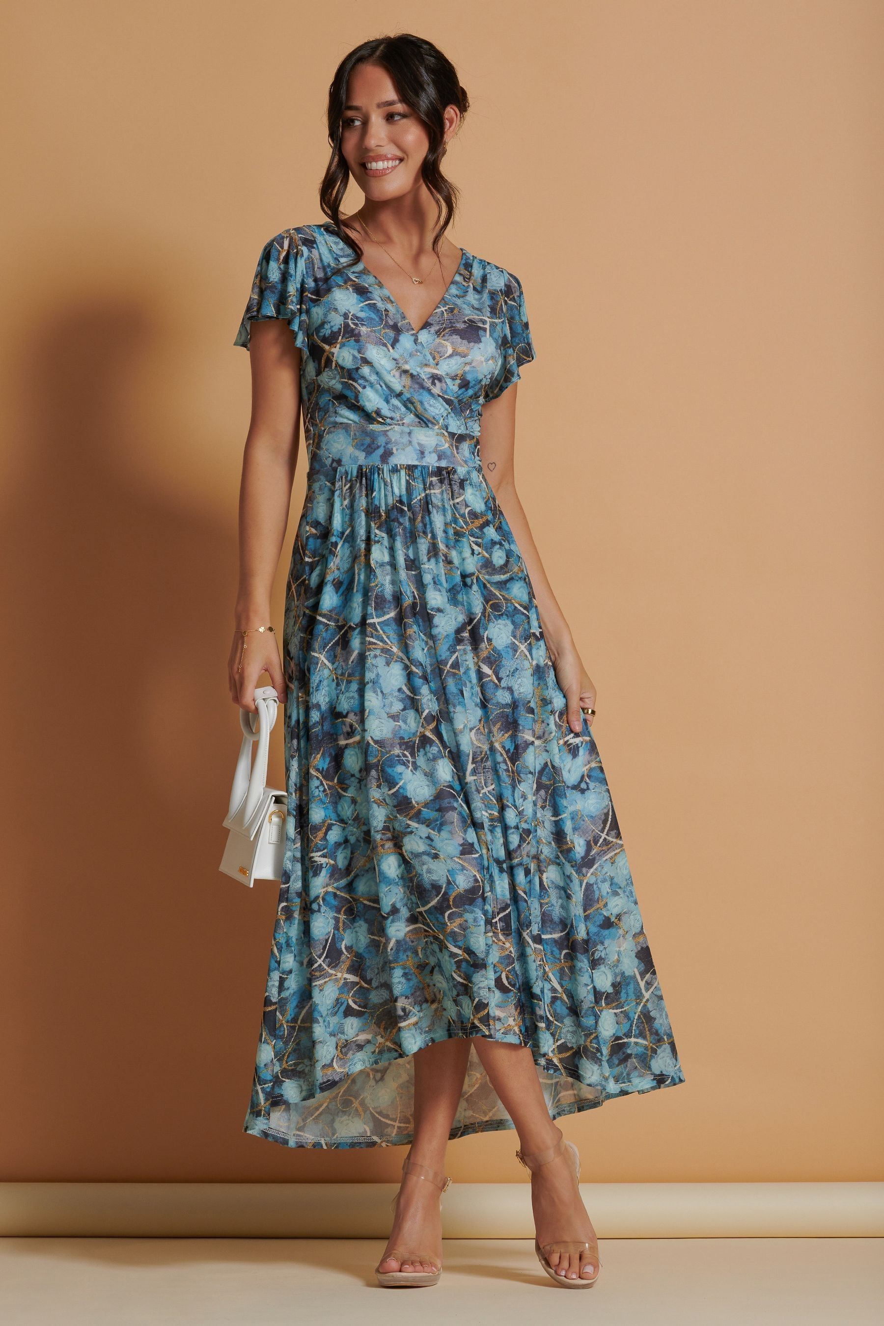 Jolie Moi Light Blue Mesh V Neck Maxi Dress