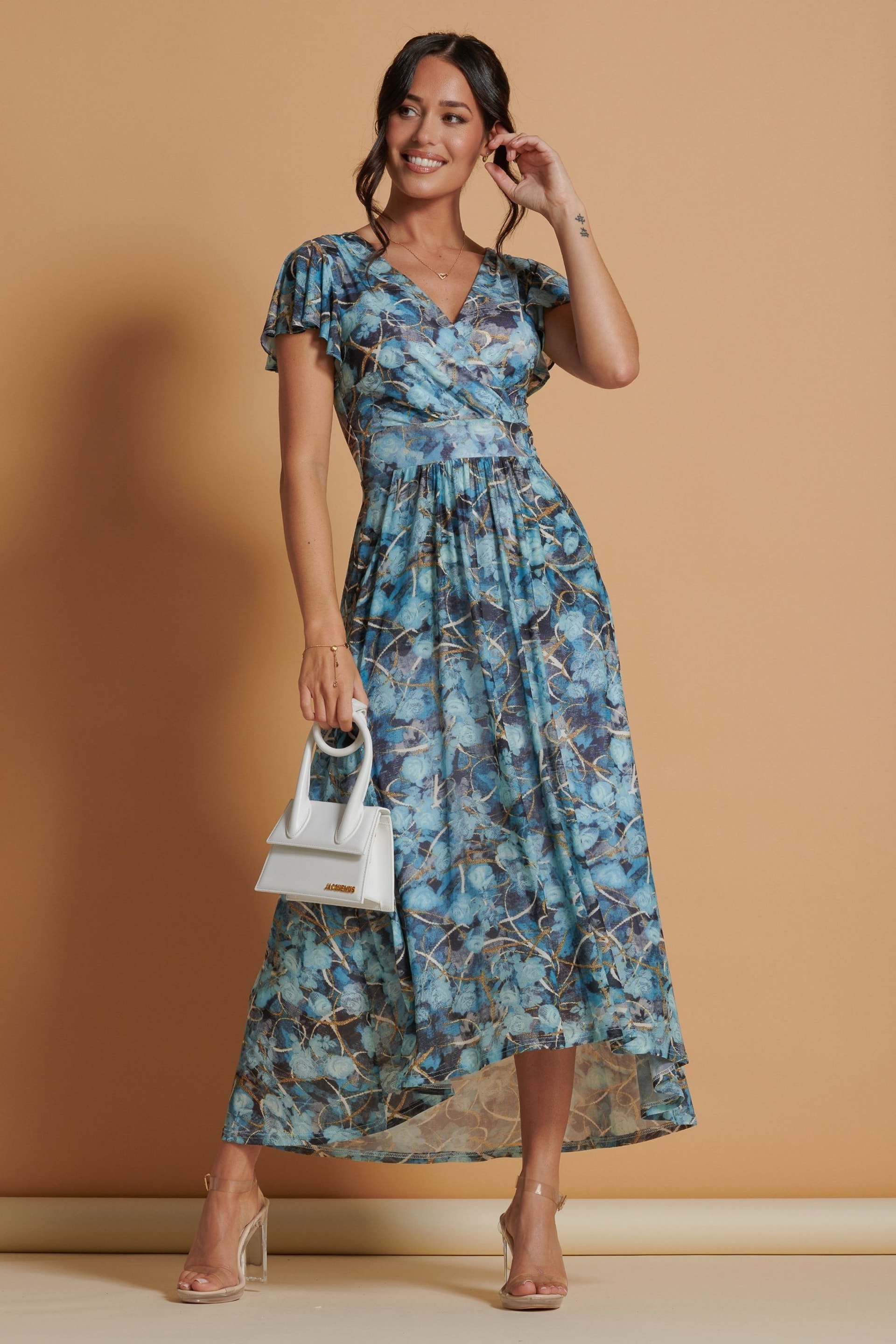 Jolie Moi Light Blue Mesh V-Neck Maxi Dress - Image 4 of 6