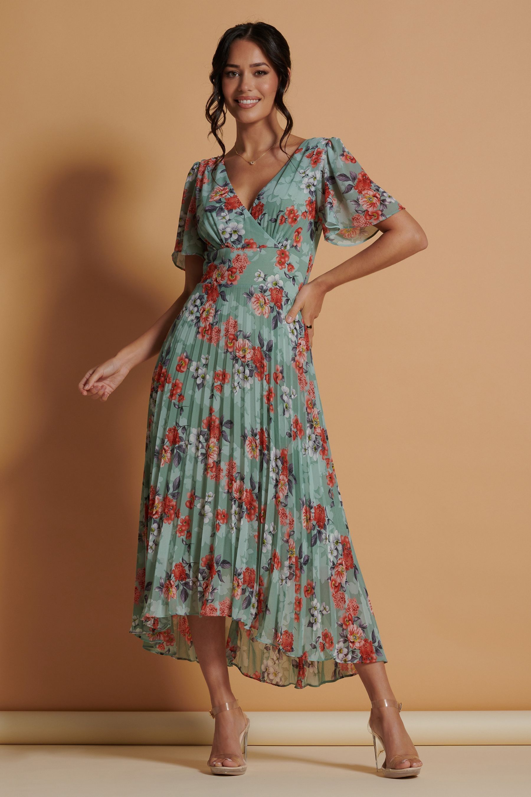 Buy Jolie Moi Green Pleated Chiffon High Low Midi Dress from the Next UK online shop