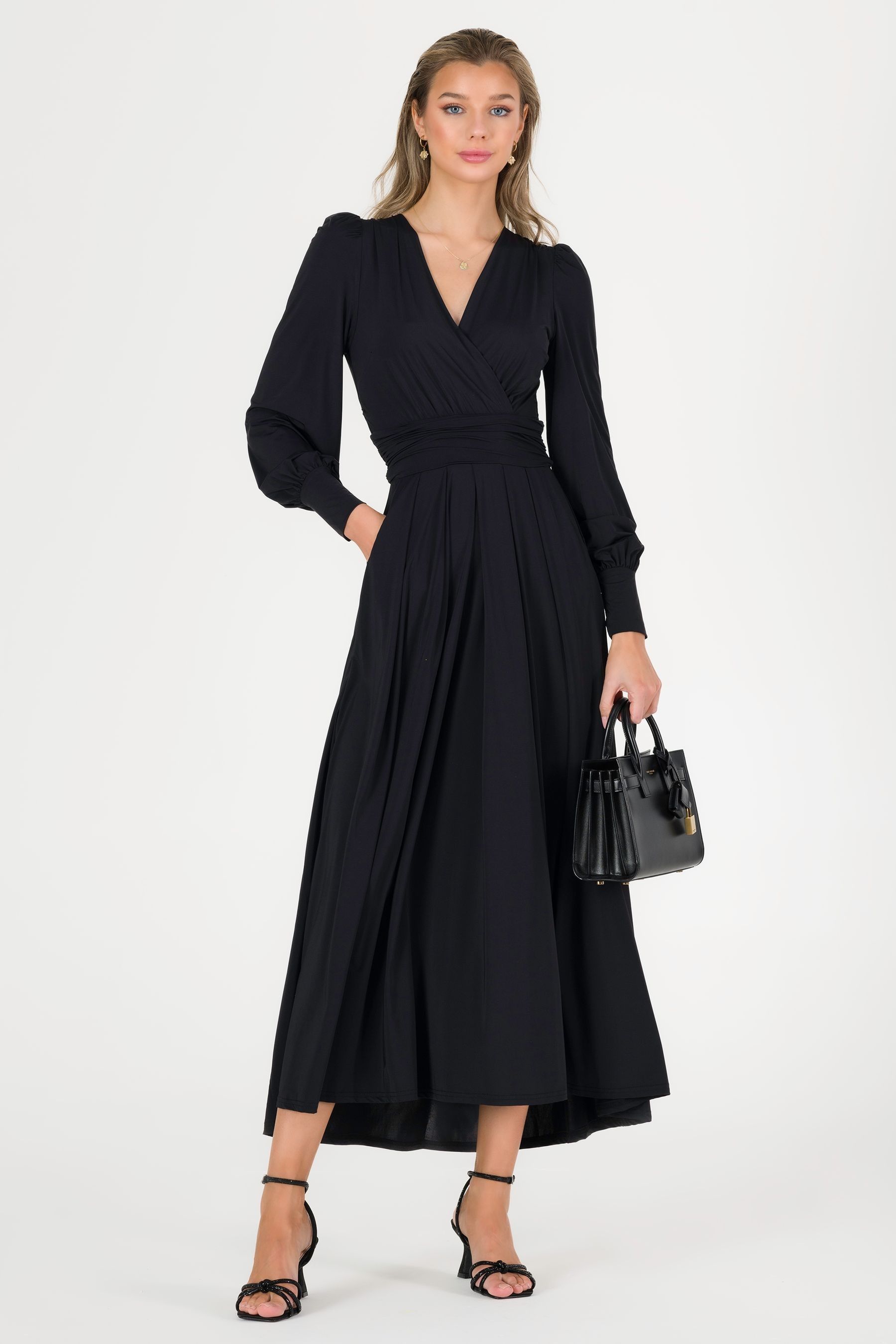 Jolie Moi Black Jersey Rashelle Long Sleeve Maxi Dress