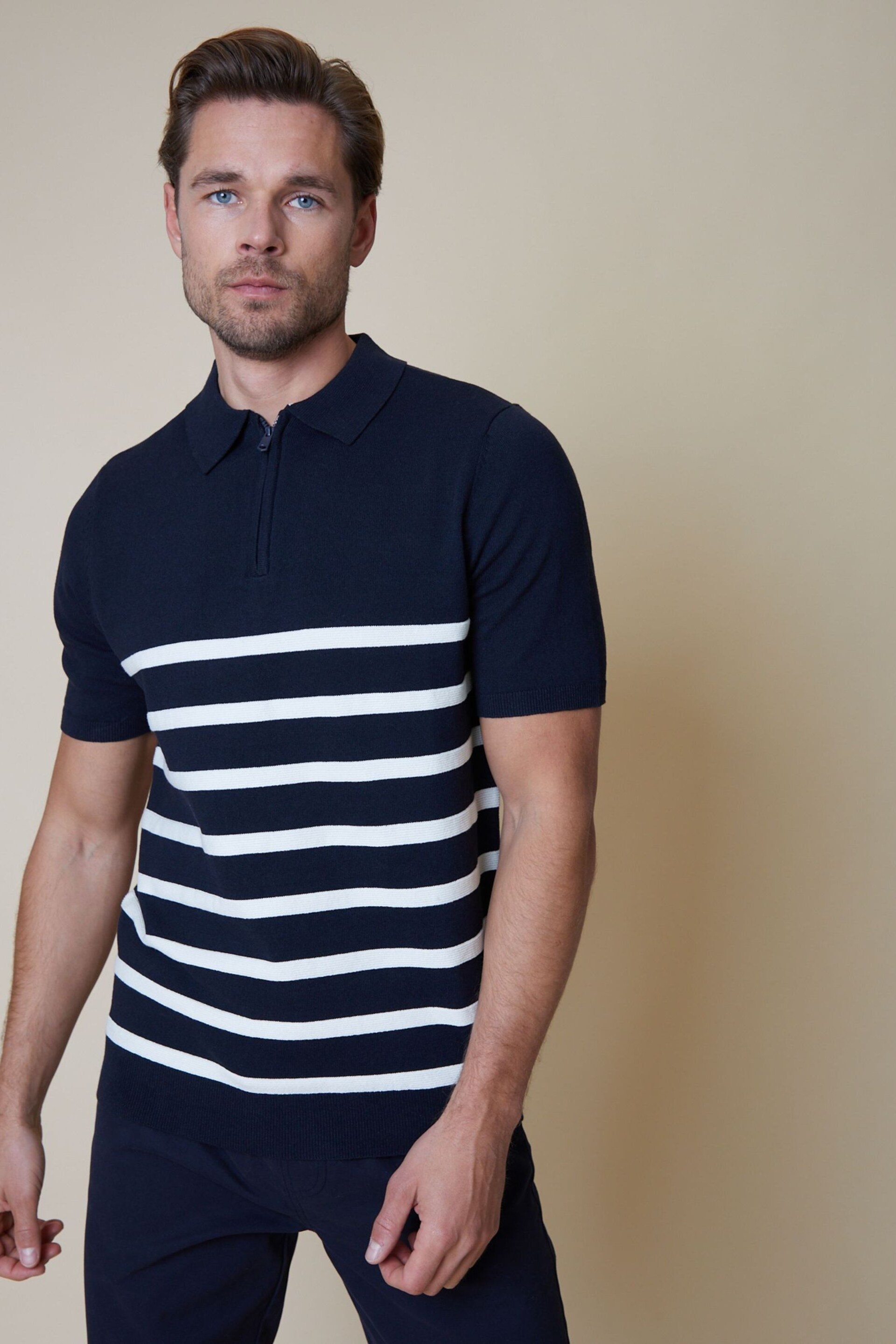 Threadbare Navy Blue & White Stripe Cotton Blend 1/4 Zip Knitted Polo Shirt - Image 2 of 6