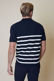 Threadbare Navy Blue & White Stripe Cotton Blend 1/4 Zip Knitted Polo Shirt - Image 3 of 6