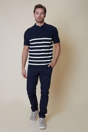 Threadbare Navy Blue & White Stripe Cotton Blend 1/4 Zip Knitted Polo Shirt - Image 4 of 6