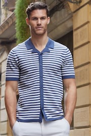 Threadbare Blue & White Cotton Mix Revere Collar Short Sleeve Textured Knitted Shirt - Image 2 of 6