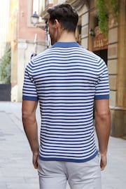 Threadbare Blue & White Cotton Mix Revere Collar Short Sleeve Textured Knitted Shirt - Image 3 of 6