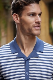 Threadbare Blue & White Cotton Mix Revere Collar Short Sleeve Textured Knitted Shirt - Image 5 of 6