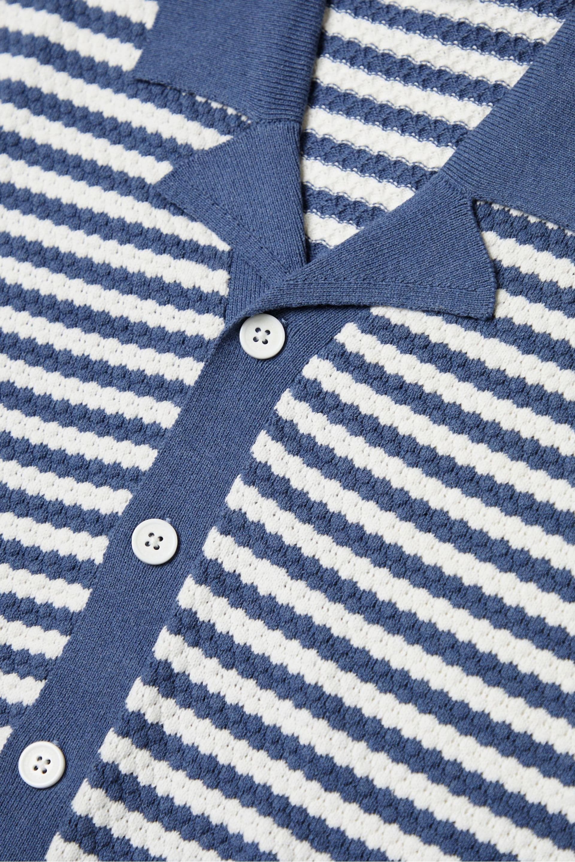 Threadbare Blue & White Cotton Mix Revere Collar Short Sleeve Textured Knitted Shirt - Image 6 of 6
