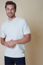 Threadbare Ivory White Cotton Mix Short Sleeve Textured Knitted Polo Shirt - Image 3 of 5