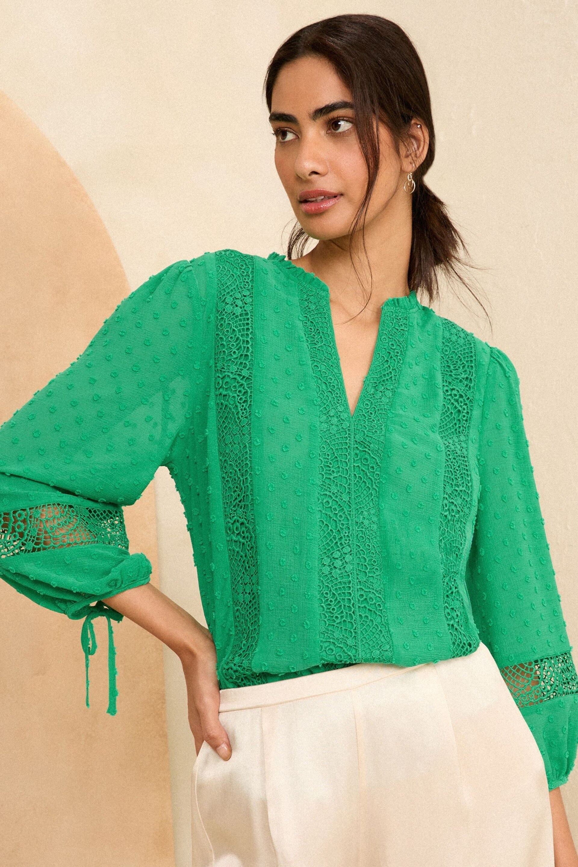 Love & Roses Green Ruffle Neck Lace Trim Tie Cuff 3/4 Sleeve Dobby Spot Blouse - Image 1 of 4