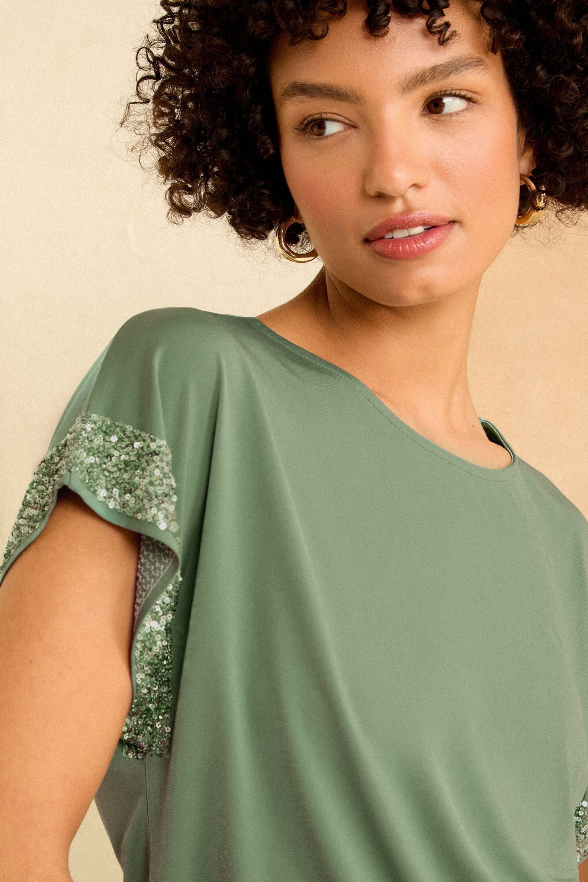 Love & Roses Green Sequin Cuff Jersey Top - Image 2 of 4