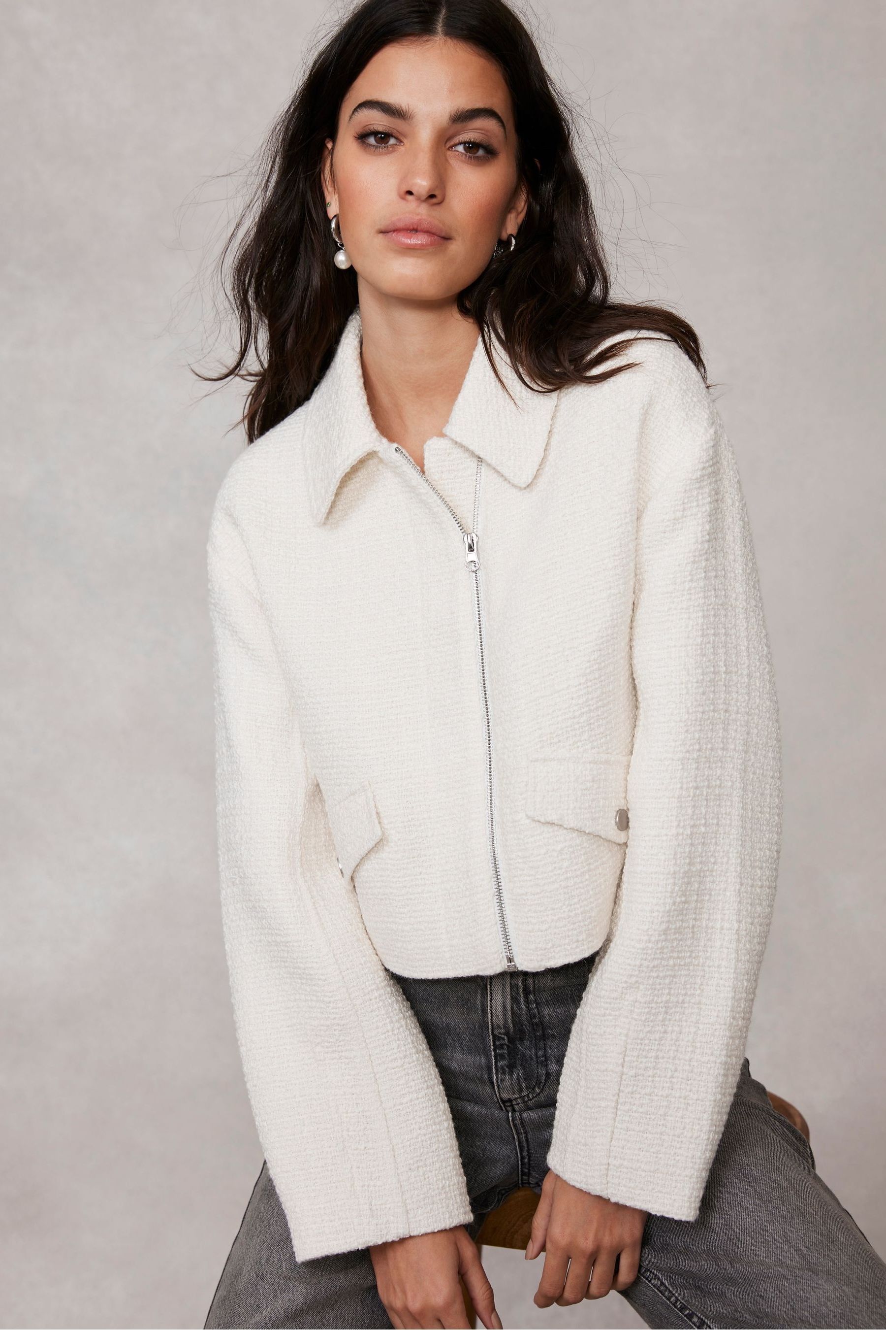Buy Mint Velvet White Boucle Cropped Jacket from Next Luxembourg