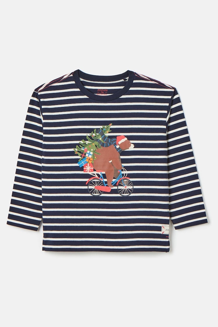 Joules Finlay Navy & White Stripe Festive Bear Artwork Top - Image 1 of 6